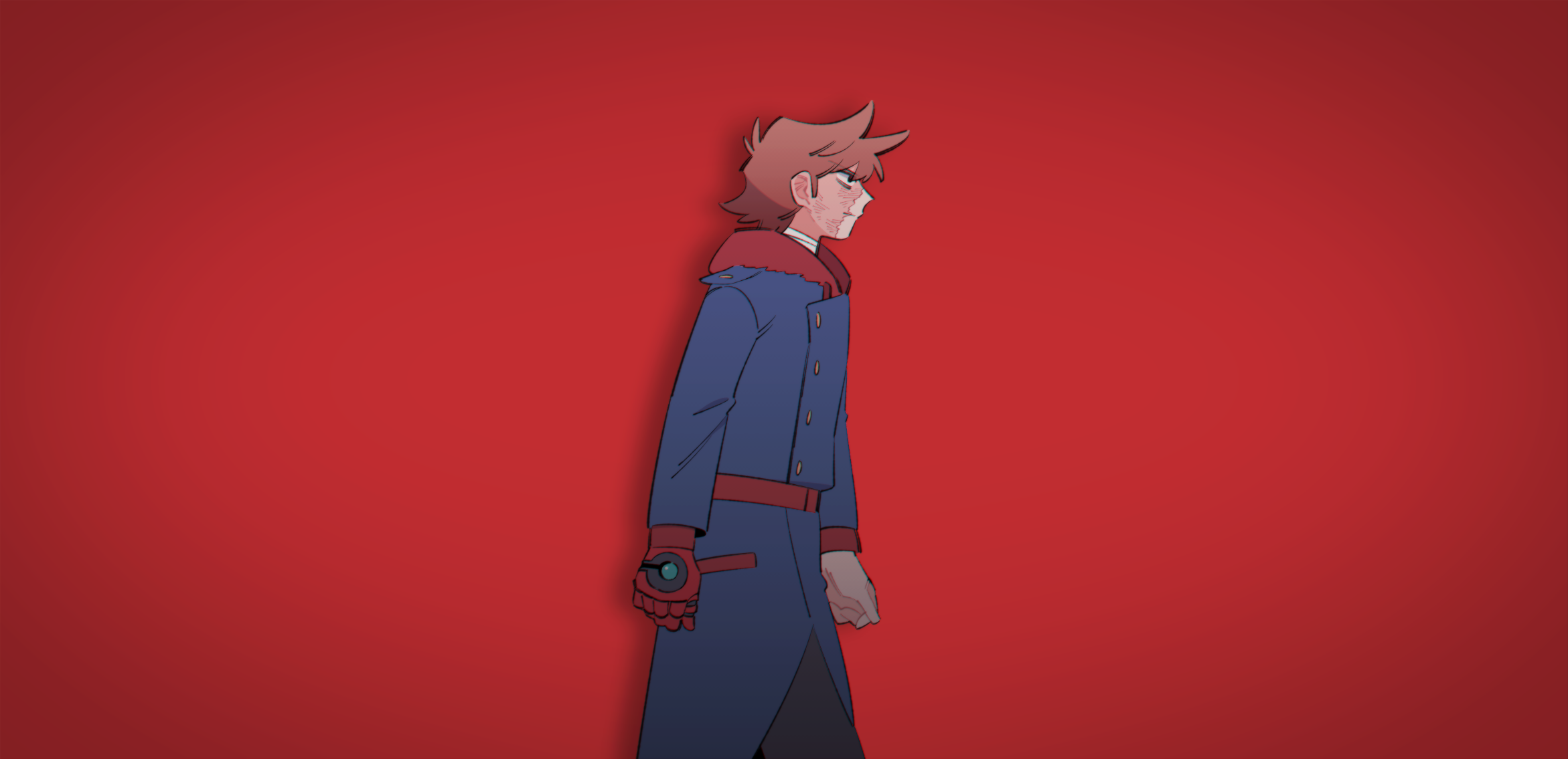 mjsc 10, eddsworld, commentary request, highres, 1boy, antenna hair, arms at sides, bandaged neck, bandages, belt, black eyes, blue coat, brown hair, buttons, chromatic aberration, closed mouth, coat, cowboy shot, future tord (eddsworld), hair behind ear, hair horns, hood, hood down, layered sleeves, long sleeves, looking ahead, male focus, mechanical arms, red background, red belt, scar, scar on face, short hair, simple background, single mechanical arm, solo, tord (eddsworld), upturned eyes, v-shaped eyebrows, vignetting