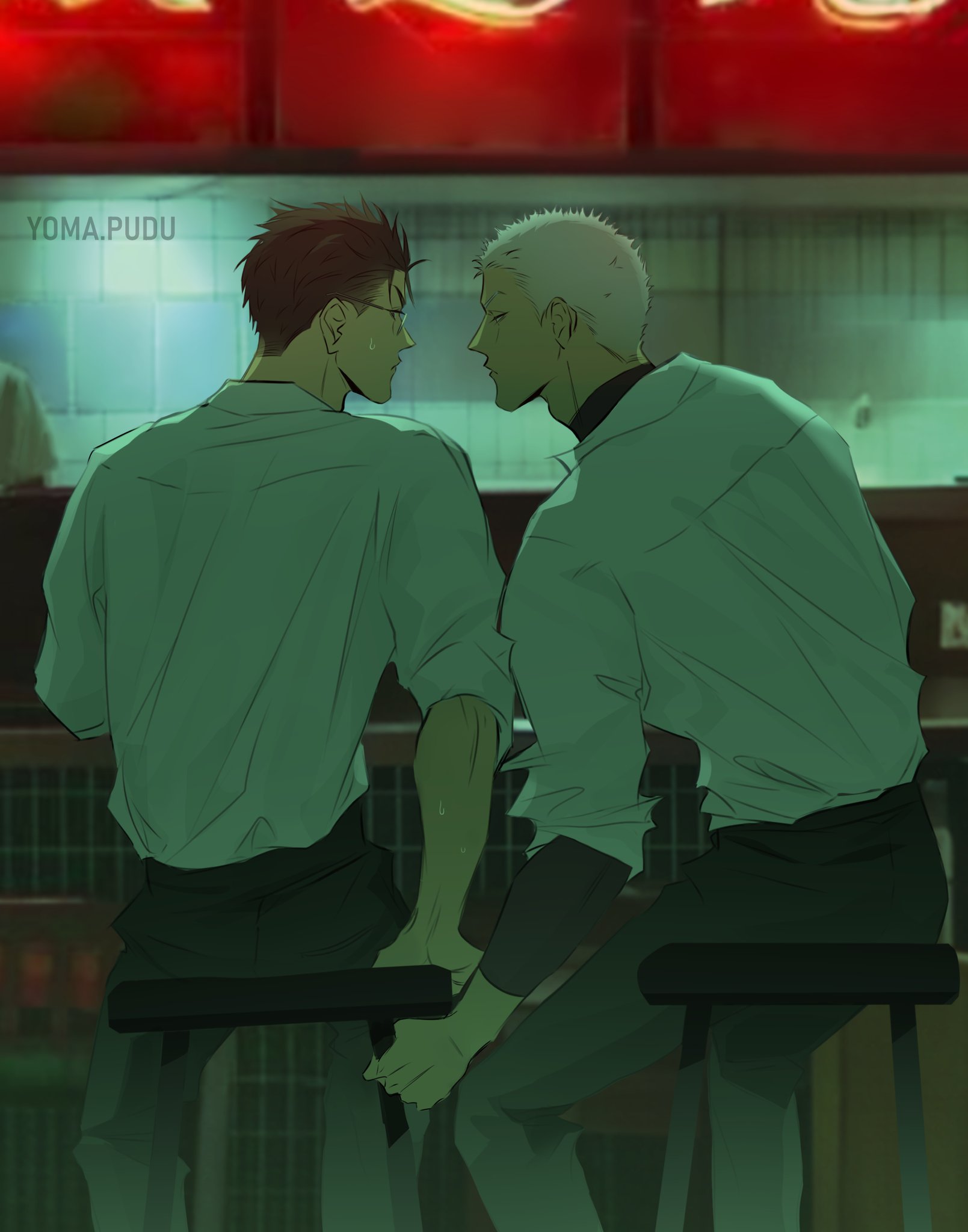 19 tian, hashtag-only commentary, highres, 2boys, artist name, black hair, closed mouth, from behind, glasses, he cheng, long sleeves, looking at another, male focus, multiple boys, qiu (19 tian), shirt, short hair, sitting, very short hair, yaoi, yomapudu