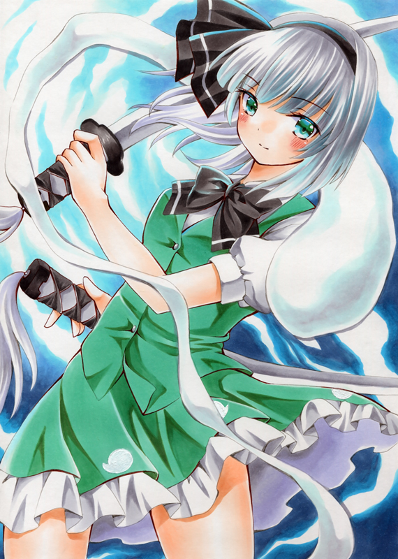 suzune koto (avuu3784), konpaku youmu, konpaku youmu (ghost), touhou, commentary, marker (medium), traditional media, 1girl, black bow, black bowtie, black hairband, blush, bow, bowtie, closed mouth, dual wielding, frilled skirt, frills, green eyes, green skirt, green vest, grey hair, hairband, hitodama, hitodama print, holding, holding sword, holding weapon, katana, looking at viewer, puffy short sleeves, puffy sleeves, shirt, short sleeves, skirt, skirt set, smile, solo, sword, vest, weapon, white shirt