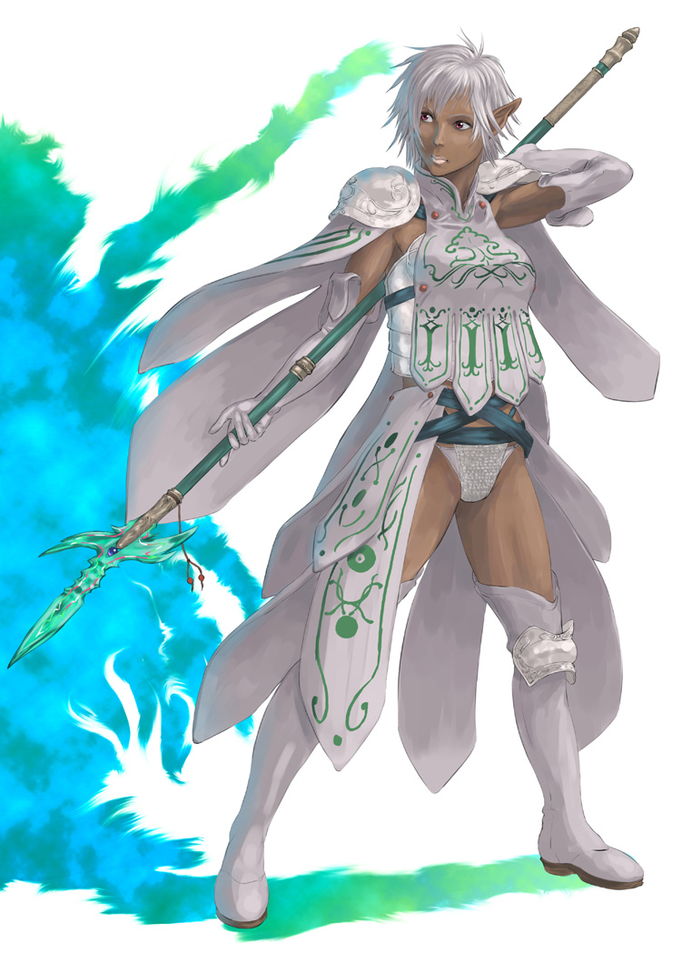 ryu (gaquarium), original, armor, boots, dark-skinned female, dark skin, elf, halberd, panties, pointy ears, polearm, red eyes, short hair, solo, underwear, weapon, white hair
