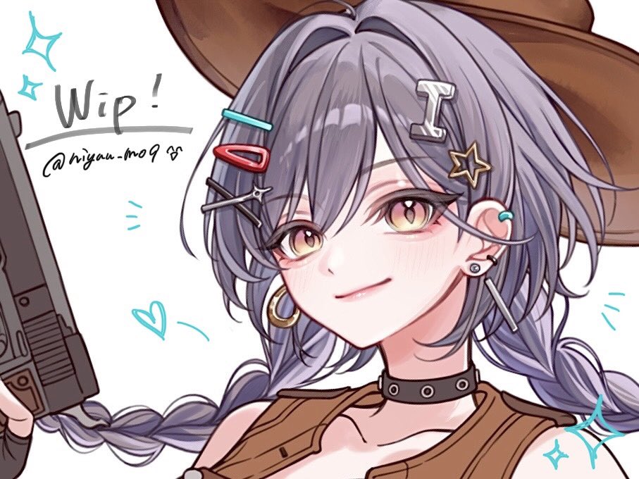 nin (niyuu mo9), katsuragi izumi, link! like! love live!, love live!, unfinished, 1girl, alternate costume, bare shoulders, black choker, braid, brown hat, brown vest, choker, earrings, grey hair, gun, hair intakes, hair ornament, hairclip, handgun, hat, heart, holding, holding gun, holding weapon, jewelry, letter hair ornament, long hair, looking at viewer, low twin braids, mismatched earrings, orange eyes, portrait, solo, sparkle, star (symbol), star hair ornament, studded choker, twin braids, vest, virtual youtuber, weapon, x hair ornament