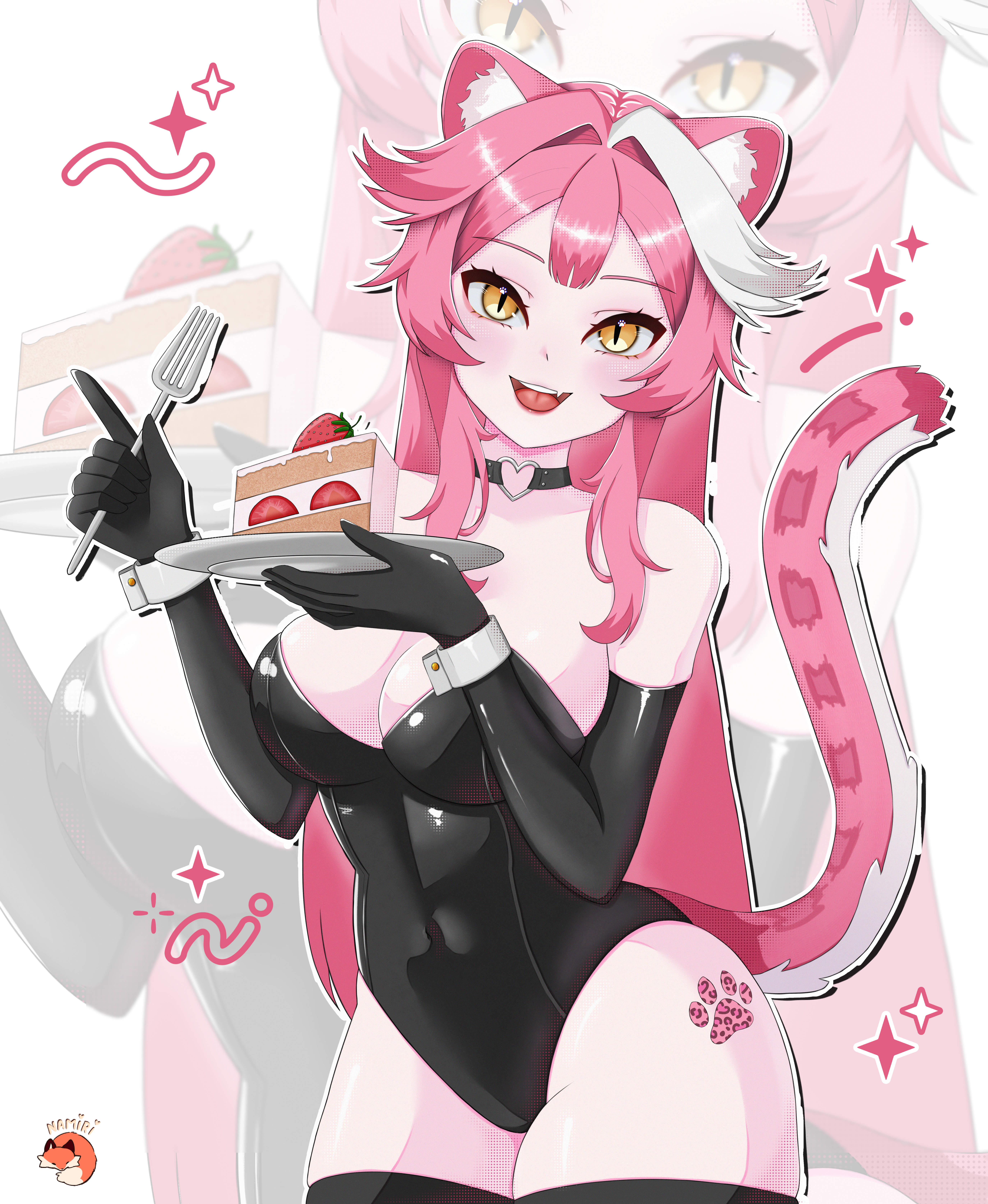 raora panthera, raora panthera (1st costume), hololive, hololive english, indie virtual youtuber, absurdres, highres, non-web source, animal ears, animal print, bodysuit, gloves, latex, latex bodysuit, latex gloves, leopard print, namiriart, panther ears, panther girl, panther tail, playboy bunny, tail, virtual youtuber