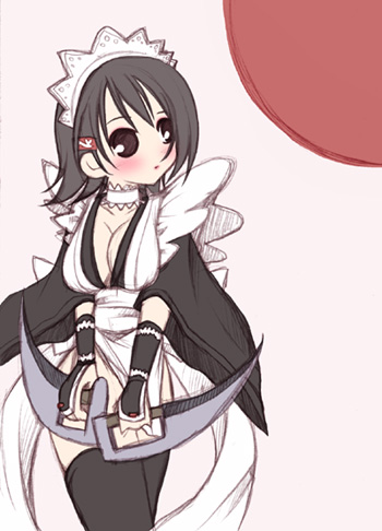 iroha (samurai spirits), samurai spirits, snk, lowres, 1girl, ass, black eyes, black hair, breasts, chibi, choker, cleavage, female focus, hair ornament, hairclip, maid, short hair, solo, sword, thighhighs, weapon