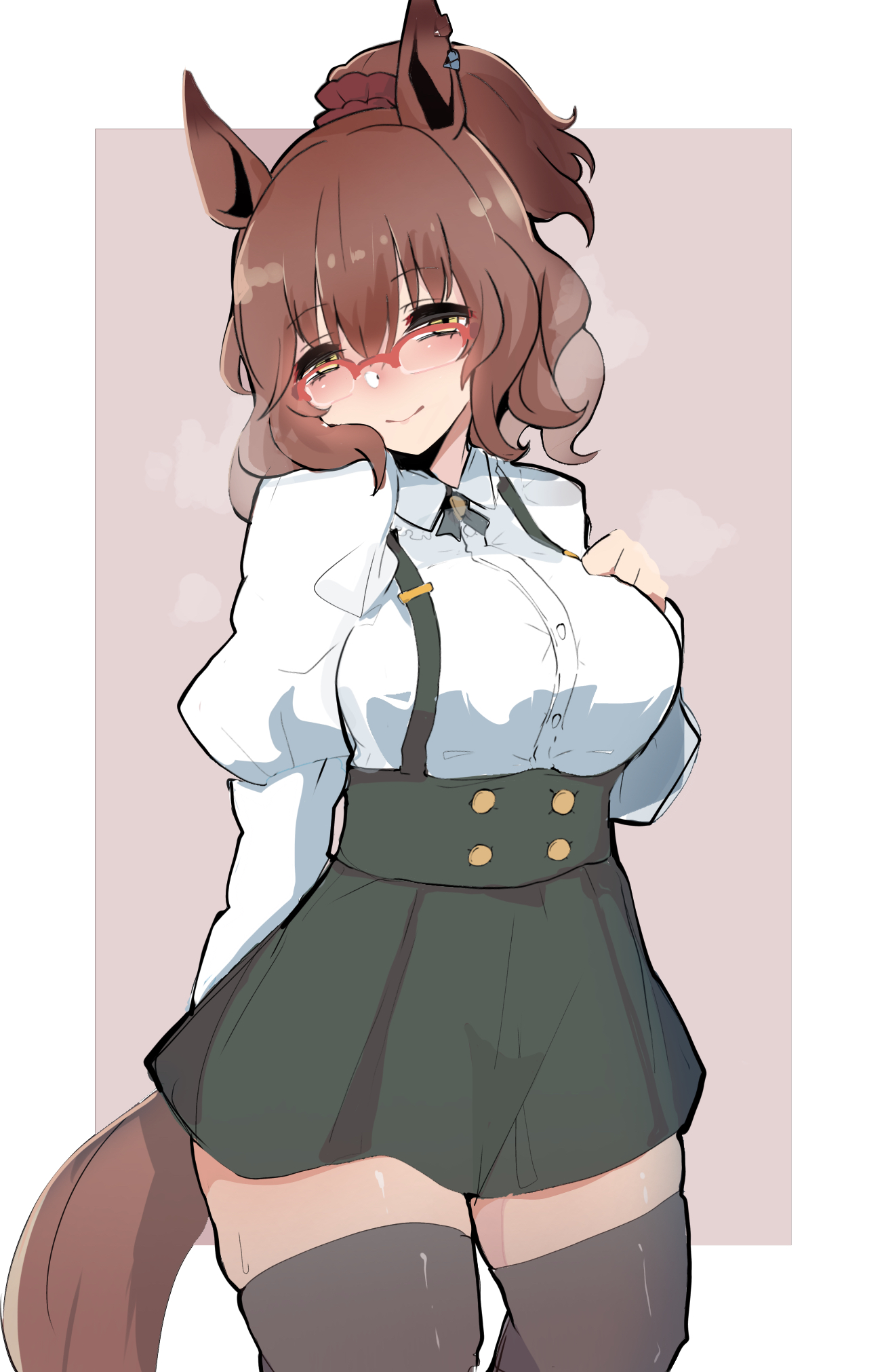 kawamochi (tddm3573), aston machan (casual) (umamusume), aston machan (umamusume), umamusume, highres, 1girl, animal ears, blush, bow, breasts, brown background, brown eyes, brown hair, closed mouth, glasses, green skirt, grey thighhighs, hair between eyes, hand up, high-waist skirt, horse ears, horse girl, horse tail, juliet sleeves, long sleeves, looking at viewer, medium breasts, over-rim eyewear, ponytail, puffy sleeves, red-framed eyewear, semi-rimless eyewear, shirt, skirt, smile, solo, tail, thighhighs, white bow, white shirt