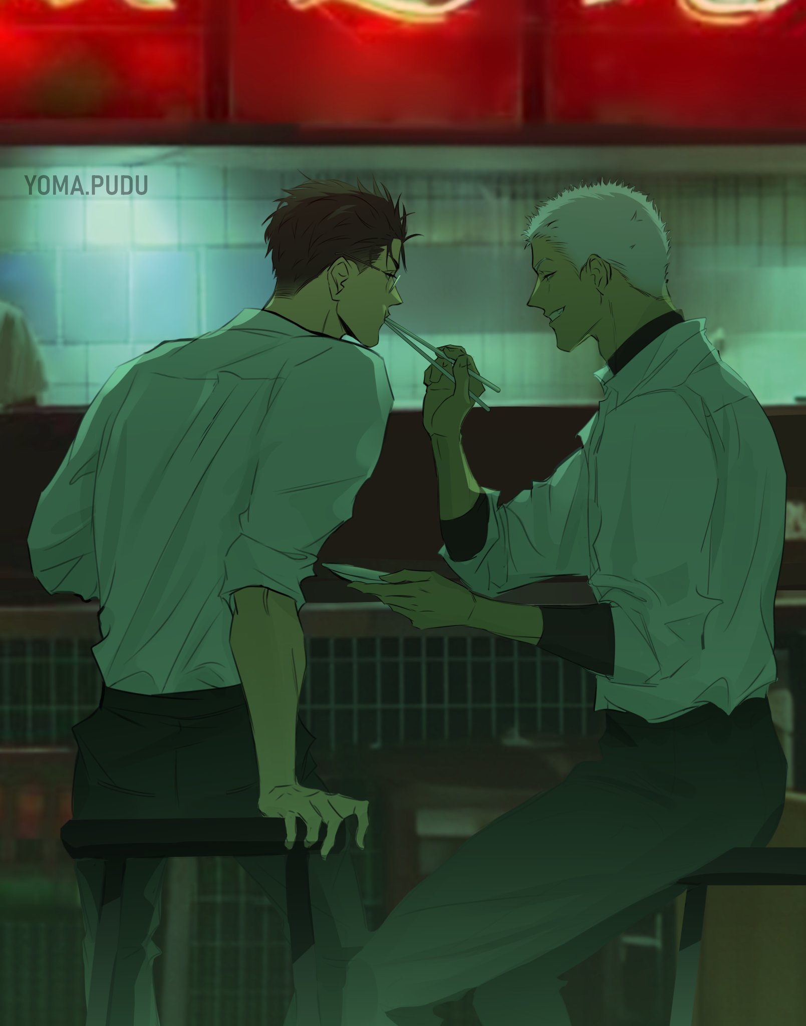 19 tian, hashtag-only commentary, highres, 2boys, artist name, black hair, chopsticks, collared shirt, feeding, from behind, he cheng, holding, holding plate, long sleeves, looking at another, male focus, multiple boys, plate, qiu (19 tian), shirt, short hair, sitting, smile, very short hair, white hair, yaoi, yomapudu