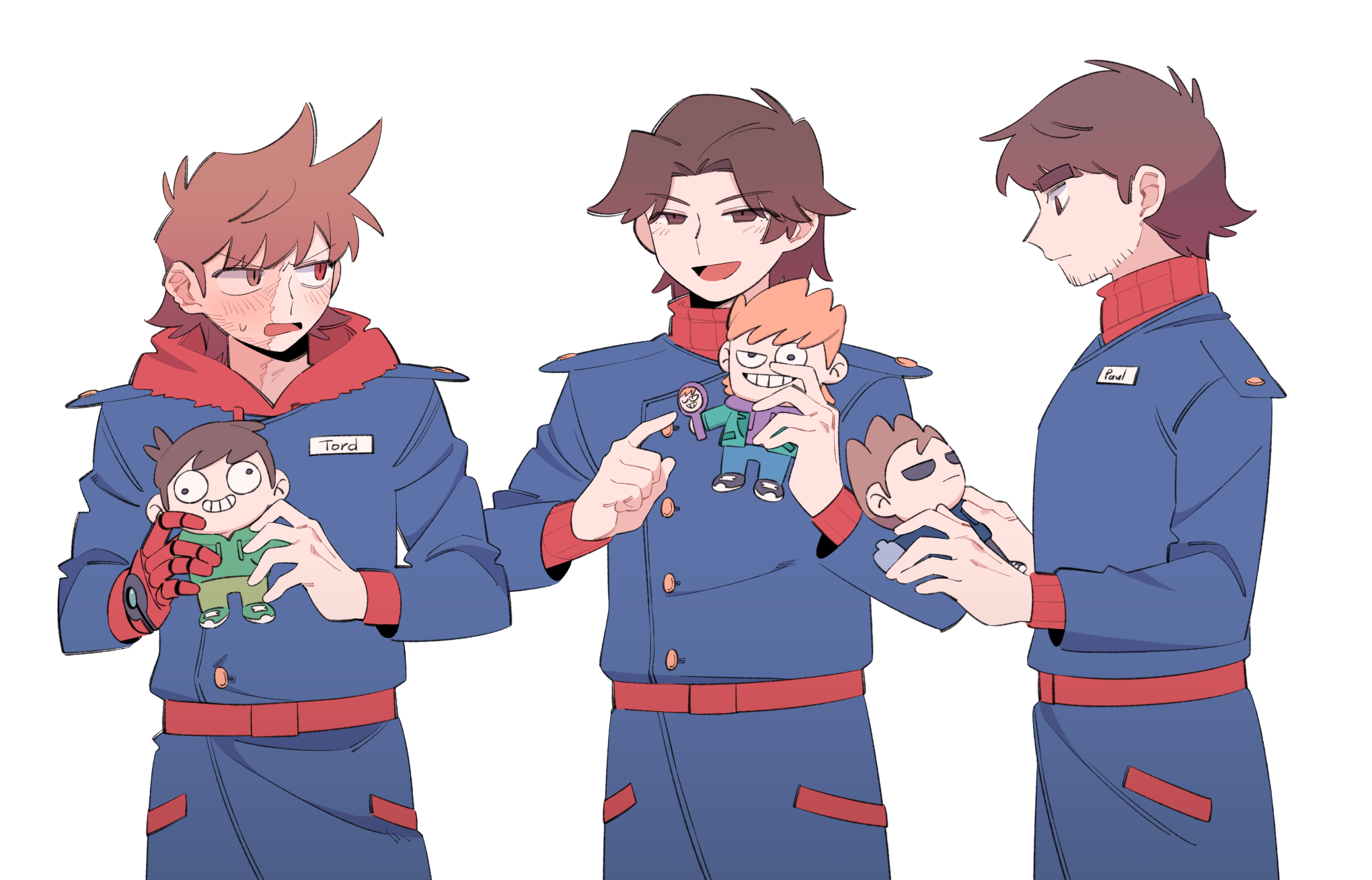 mjsc 10, edd (eddsworld), matt (eddsworld), tom (eddsworld), eddsworld, commentary request, highres, 3boys, :d, antenna hair, blue coat, brown eyes, brown hair, buttons, character doll, character name, coat, cowboy shot, doll, drawstring, facial hair, future tord (eddsworld), gold buttons, hair behind ear, hair horns, hands up, holding, holding doll, hood, hood down, hoodie, layered sleeves, long sleeves, looking at another, looking at doll, looking at viewer, male focus, multiple boys, name tag, open mouth, patryck (eddsworld), paul (eddsworld), red eyes, red hoodie, red sweater, ribbed sweater, scar, scar on face, short hair, simple background, smile, standing, sweatdrop, sweater, swept bangs, tongue, tord (eddsworld), turtleneck, turtleneck sweater, v-shaped eyebrows, very short hair, white background