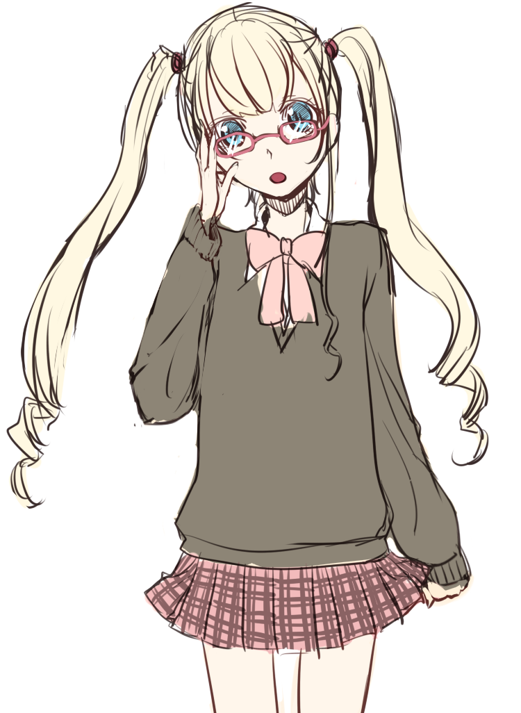 ind, blonde hair, blue eyes, glasses, long hair, skirt, solo, twintails