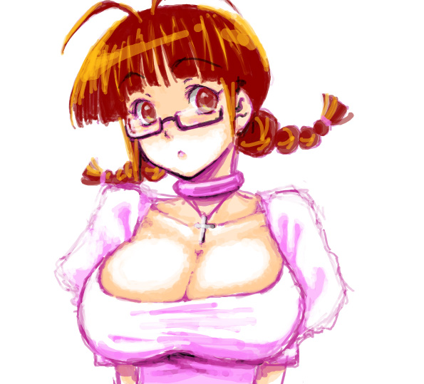 fuyube rion, akizuki ritsuko, idolmaster, idolmaster (classic), idolmaster 1, 00s, 1girl, braid, breasts, brown eyes, brown hair, cute & girly (idolmaster), female focus, glasses, large breasts, solo, twin braids