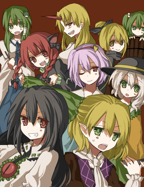 kame, hoshiguma yuugi, kaenbyou rin, kisume, kochiya sanae, komeiji koishi, komeiji satori, kurodani yamame, mizuhashi parsee, reiuji utsuho, subterranean animism, touhou, bad id, bad pixiv id, 6+girls, bucket, everyone, female focus, horns, in bucket, in container, multiple girls, single horn, star (symbol)
