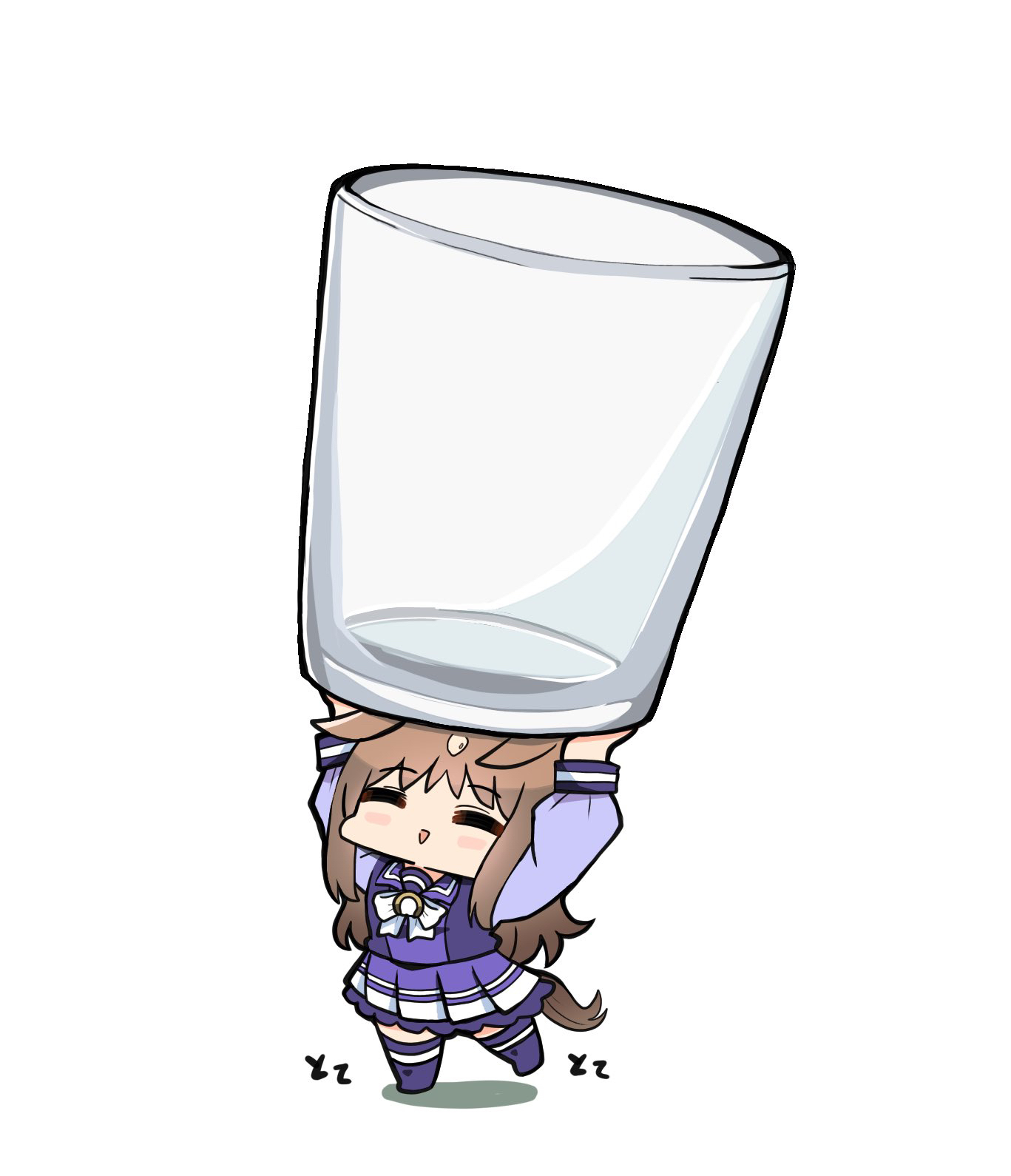 kawamochi (tddm3573), grass wonder (umamusume), umamusume, highres, translation request, 1girl, :>, animal ears, arms up, blush, chibi, closed eyes, cup, drinking glass, ears down, horse ears, horse girl, horse tail, long hair, long sleeves, mini person, minigirl, multicolored hair, no shoes, parted lips, pleated skirt, puffy long sleeves, puffy sleeves, purple skirt, purple thighhighs, school uniform, shadow, simple background, skirt, solo, standing, standing on one leg, tail, thighhighs, tracen school uniform, triangle mouth, two-tone hair, very long hair, white background, white hair