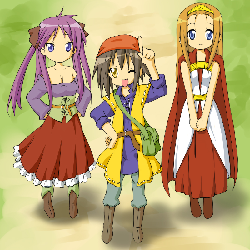 ruu (tksymkw), hero (dq8), hiiragi kagami, jessica albert, kusakabe misao, medea (dq8), minegishi ayano, dragon quest, dragon quest viii, lucky star, square enix, 3girls, bare shoulders, blue eyes, breasts, brown hair, cleavage, cosplay, dress, hair ribbon, hero (dq8) (cosplay), jessica albert (cosplay), long hair, medea (cosplay), multiple girls, one eye closed, purple hair, purple shirt, ribbon, shirt, short hair, small breasts, twintails, wink, yellow eyes
