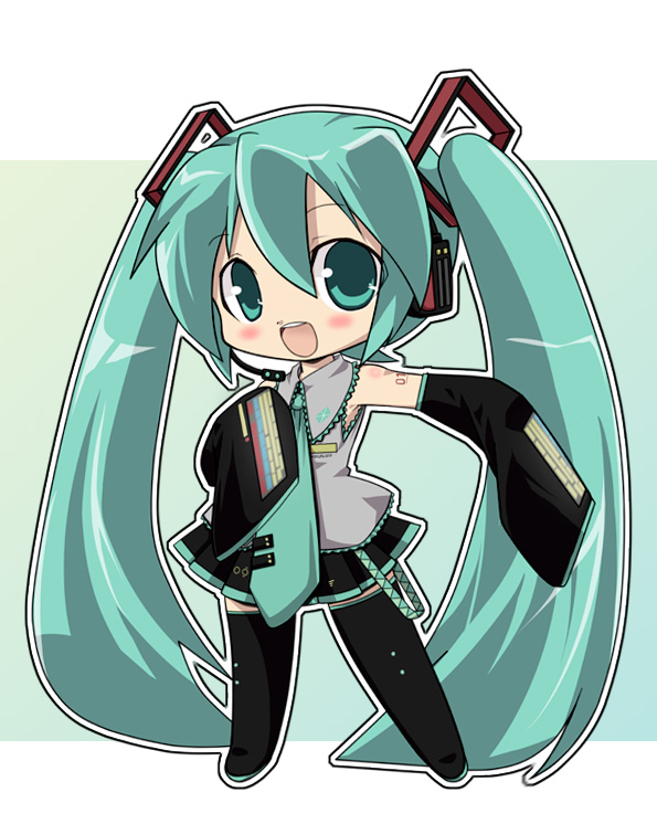 kannazuki yukito, hatsune miku, vocaloid, aqua eyes, aqua hair, chibi, detached sleeves, long hair, long sleeves, necktie, oversized clothes, skirt, solo, thighhighs, twintails, very long hair