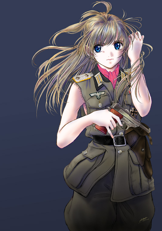oofuji reiichirou, 1girl, adjusting hair, blue eyes, brown hair, cross, female focus, gun, iron cross, long hair, military, military uniform, reichsadler, solo, weapon, world war ii