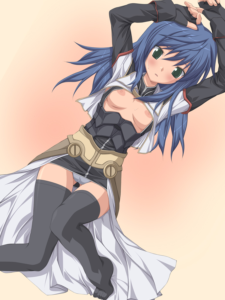 koku, maria traydor, star ocean, star ocean: till the end of time, 1girl, arms up, blue hair, blush, breasts, feet, female focus, fingerless gloves, gloves, green eyes, grey panties, long hair, miniskirt, no bra, open clothes, panties, skirt, small breasts, solo, thighhighs, toes, underwear, zettai ryouiki