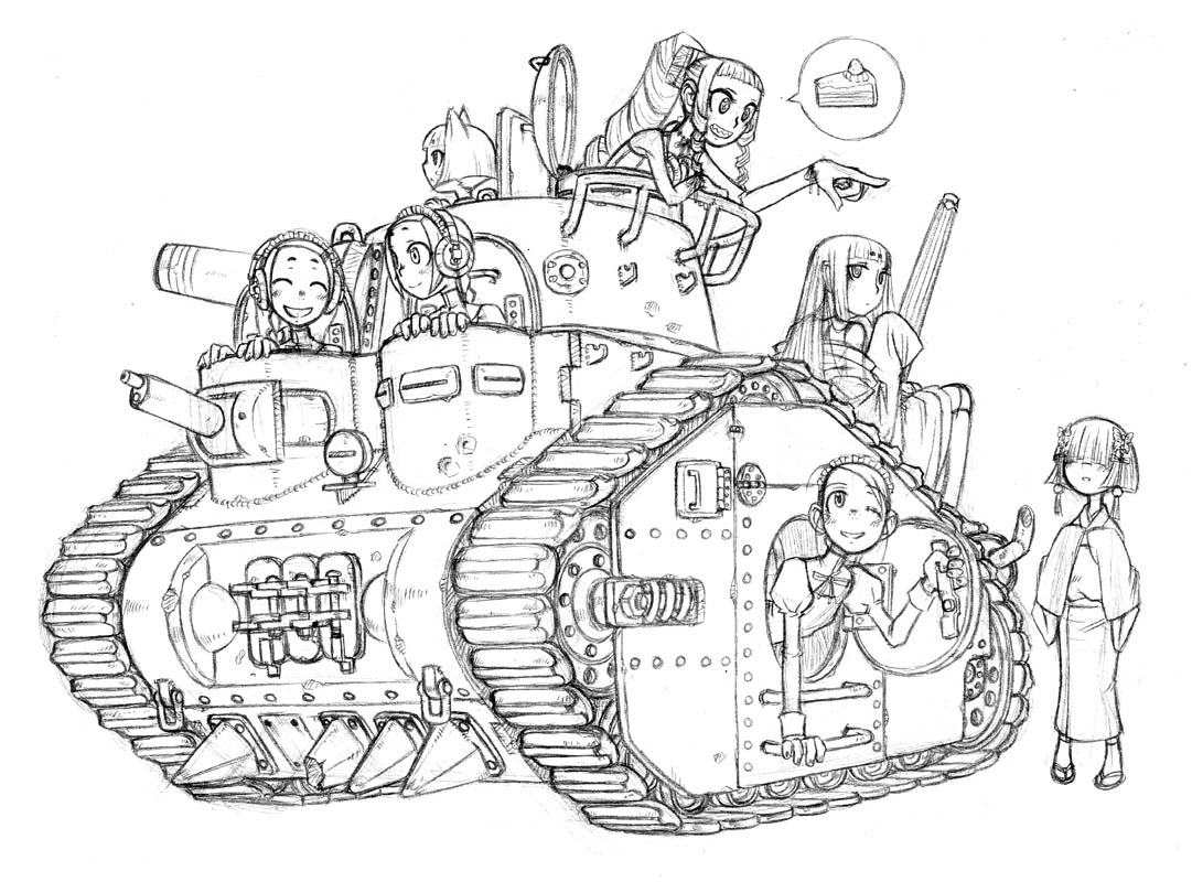 vehicle, non-web source, 6+girls, animal ears, caterpillar tracks, drill hair, greyscale, headphones, japanese clothes, long hair, maid, military, military vehicle, monochrome, motor vehicle, multiple girls, tank