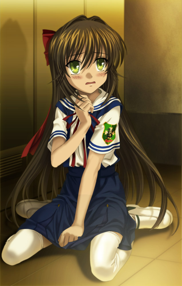 mutsuki (moonknives), shima katsuki, clannad, key (company), 00s, 1boy, blush, covering crotch, covering privates, crossdressing, crossdressing (mtf), long hair, male focus, ribbon, school uniform, skirt, skirt tug, solo, thighhighs, trap