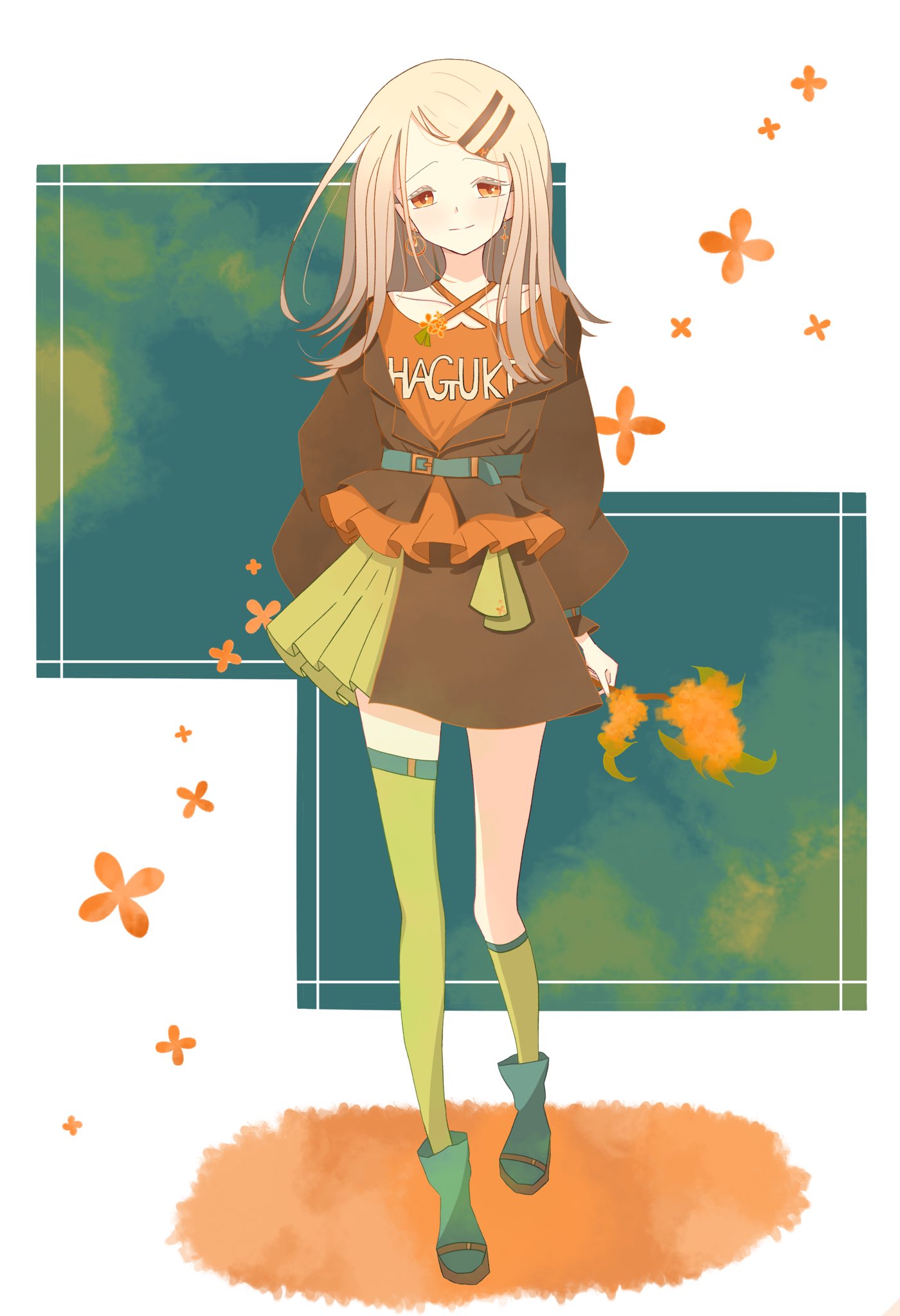 shinosawa hiro, gakuen idolmaster, idolmaster, highres, 1girl, asymmetrical legwear, belt, brown hair, brown skirt, collarbone, earrings, genkeisitu0001, green thighhighs, holding, jacket, jewelry, long hair, looking at viewer, shirt, single thighhigh, skirt, smile, socks, solo, thighhighs, uneven legwear