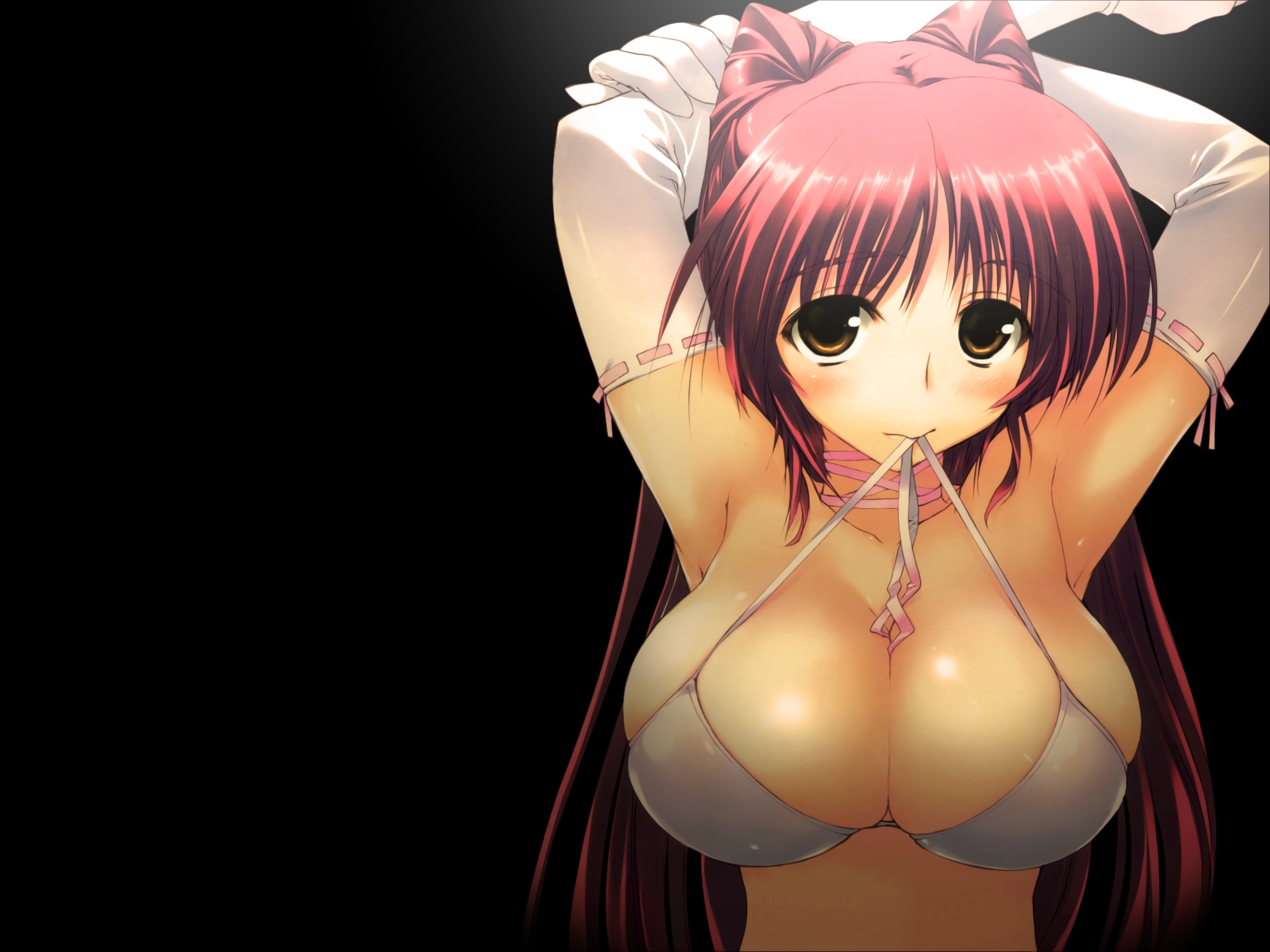 amazuyu tatsuki, kousaka tamaki, to heart (series), to heart 2, highres, 00s, 1girl, arms up, bikini, blush, breasts, choker, elbow gloves, female focus, gloves, huge breasts, large breasts, long hair, mouth hold, red hair, ribbon choker, solo, swimsuit, white bikini