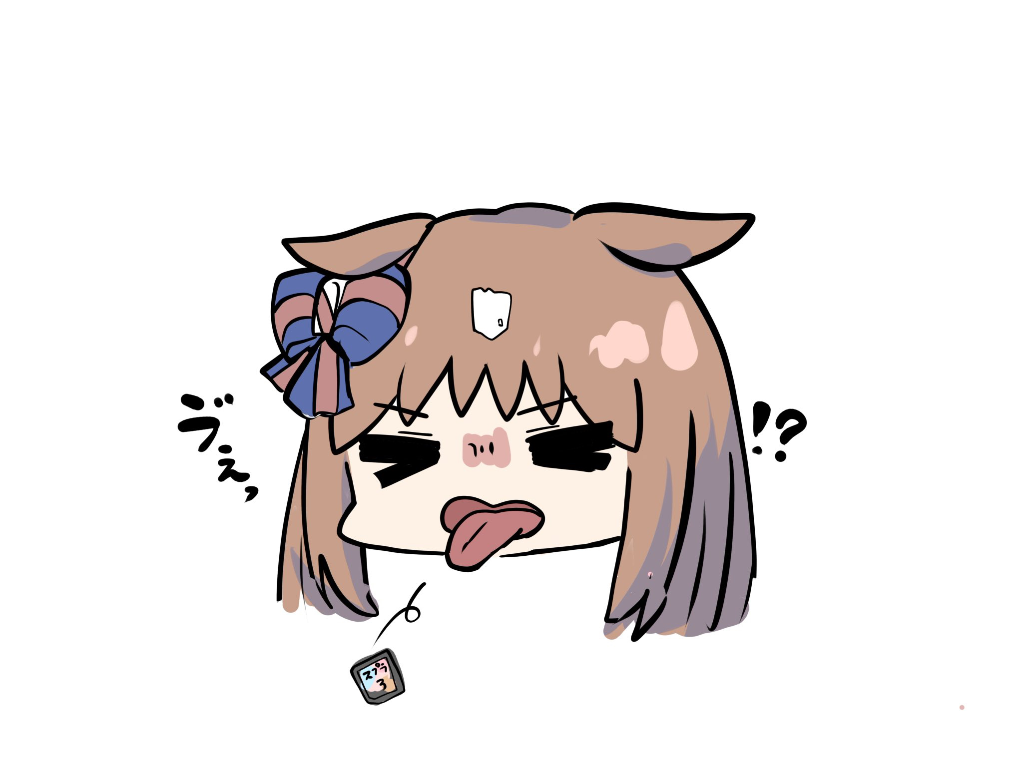 kawamochi (tddm3573), grass wonder (umamusume), umamusume, highres, translation request, !?, > <, 1girl, animal ears, bow, brown hair, closed eyes, ear bow, ears down, head only, horse ears, horse girl, long hair, multicolored hair, open mouth, simple background, solo, striped bow, tongue, tongue out, two-tone hair, wavy mouth, white background, white hair