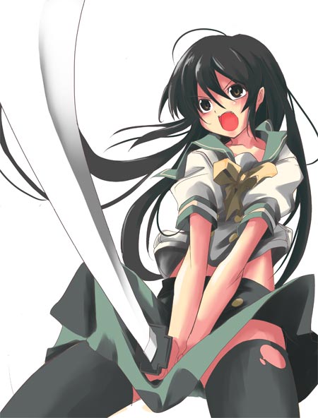 shana, shakugan no shana, 00s, black hair, brown eyes, long hair, school uniform, solo, sword, thighhighs, torn clothes, torn thighhighs, weapon