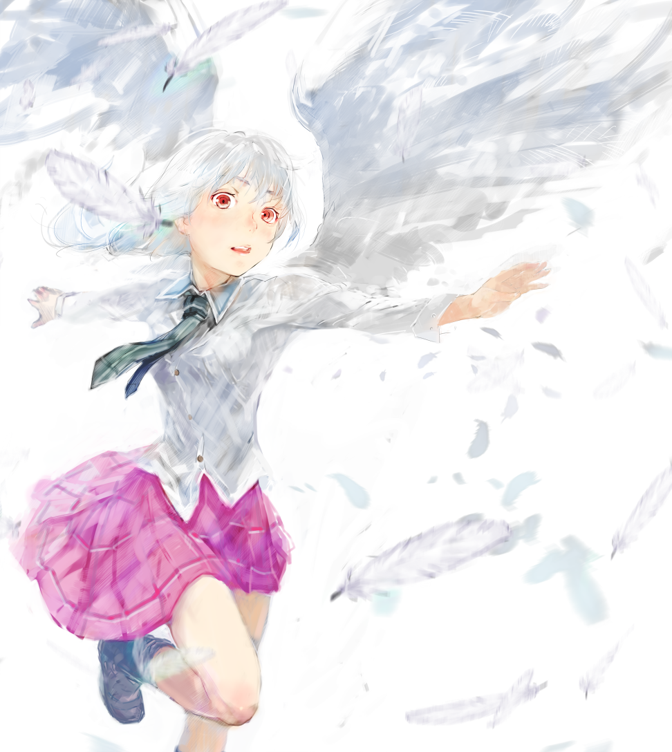 nimirom, original, commentary request, 1girl, black boots, blurry, blurry foreground, blush, boots, breasts, collared shirt, falling feathers, feathered wings, feathers, floating clothes, floating hair, foot out of frame, green necktie, leg up, long hair, long sleeves, looking at viewer, looking to the side, medium breasts, miniskirt, necktie, open mouth, outstretched arms, pink skirt, plaid clothes, plaid skirt, reaching, red eyes, running, shirt, simple background, skirt, solo, teeth, upper teeth only, white background, white feathers, white hair, white shirt, white wings, wings
