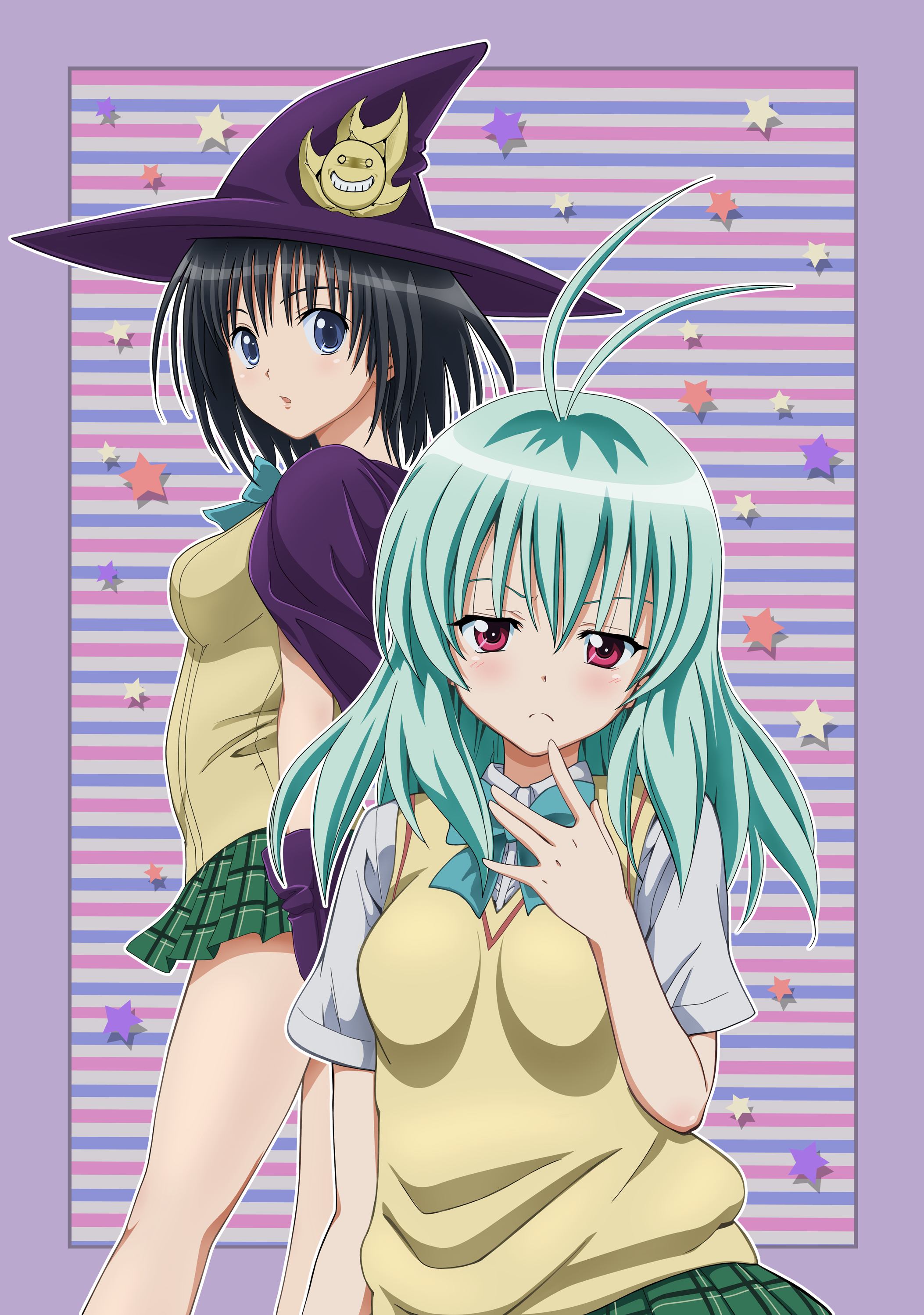yabuki kentarou, kirisaki kyouko, kirisaki kyouko (toloveru), run elsie jewelria, black cat (series), to love-ru, absurdres, highres, 00s, 2girls, antenna hair, black hair, blue eyes, green hair, hat, long hair, multiple girls, pink eyes, plaid clothes, plaid skirt, school uniform, serafuku, short hair, skirt, sweater vest, vest, witch, witch hat