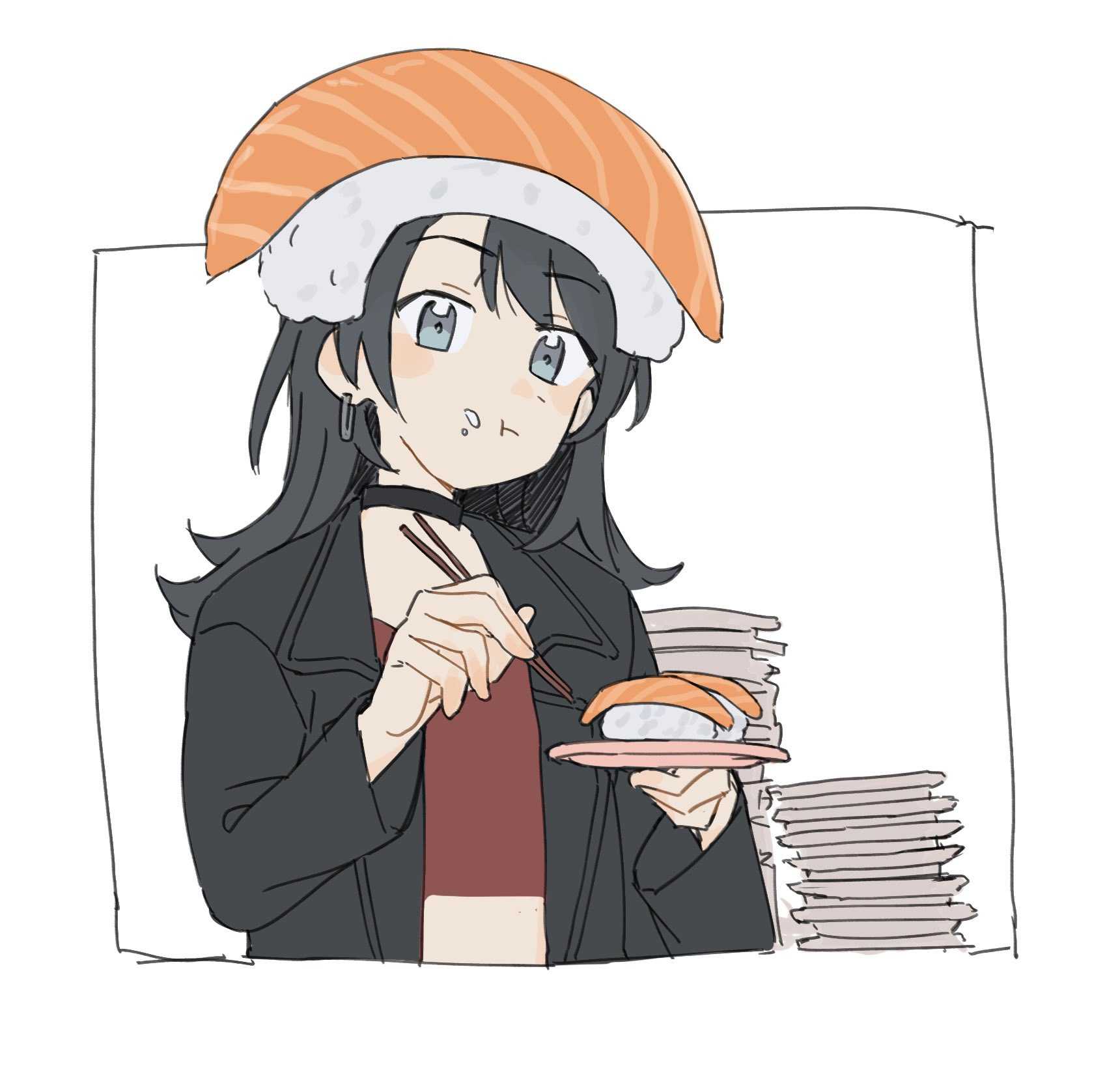 jenjen, yahata umiri, bang dream!, bang dream! it's mygo!!!!!, highres, 1girl, black choker, black hair, black jacket, blue eyes, choker, chopsticks, closed mouth, earrings, fish (food), food, food-themed hat, food on face, holding, holding chopsticks, holding plate, jacket, jewelry, medium hair, nigirizushi, plate, red shirt, shirt, solo, sushi, upper body, white background