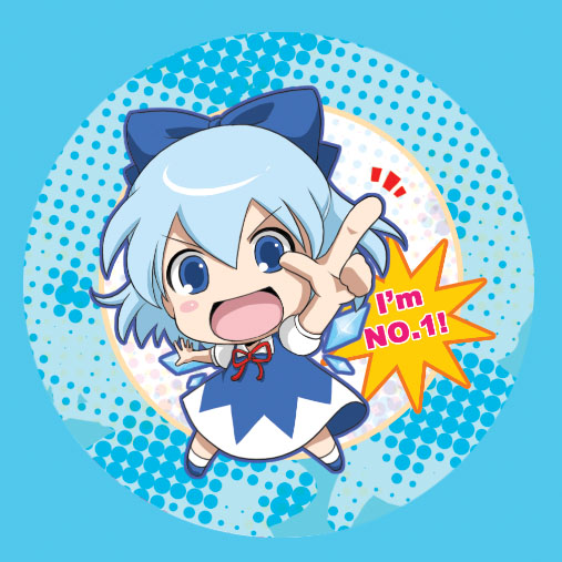 momoki, cirno, embodiment of scarlet devil, touhou, !, >:d, 1girl, :d, blue background, blue bow, blue dress, blue eyes, blue hair, blue theme, blush stickers, bow, chibi, dress, english text, female focus, full body, hair between eyes, hair bow, halftone, index finger raised, legs apart, looking at viewer, matching hair/eyes, neck ribbon, open mouth, outstretched arms, pointing, polka dot, polka dot background, red ribbon, ribbon, short hair, short sleeves, simple background, smile, solo, speech bubble, spread arms, v-shaped eyebrows, wings