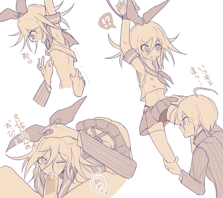 sakura (fein5862817), oma kokichi, saihara shuichi, shimakaze (kancolle), danganronpa (series), danganronpa v3: killing harmony, kantai collection, commentary request, translation request, !, 2boys, ?, @ @, ahoge, all fours, armband, armpits, arms up, bare shoulders, bikini, bikini under clothes, black bikini, blush, bound, bound wrists, bow, bulge, buttons, clothed sex, clothes lift, collared jacket, cosplay, cropped shirt, crossdressing, crossdressing (mtf), cum, cum in mouth, elbow gloves, expressionless, fellatio, from side, gloves, hair between eyes, hair bow, hand on another's head, hand on another's hip, heart, high collar, highleg, highleg bikini, holding another's leg, jacket, large bow, layered sleeves, light frown, long eyelashes, long hair between eyes, long sleeves, looking at penis, male focus, microskirt, midriff, monochrome, multiple boys, multiple views, navel, neckerchief, nipple stimulation, nipple tweak, open mouth, oral, orgasm, penis, pinstripe jacket, pinstripe pattern, pleated skirt, pointy nose, rope, sailor collar, sailor shirt, shimakaze (kancolle) (cosplay), shirt, short hair, simple background, skirt, skirt lift, sleeveless, sleeveless shirt, speech bubble, spoken exclamation mark, spoken question mark, surprised, suspension, swimsuit, thighhighs, trap, trembling, white background, yaoi, yellow theme