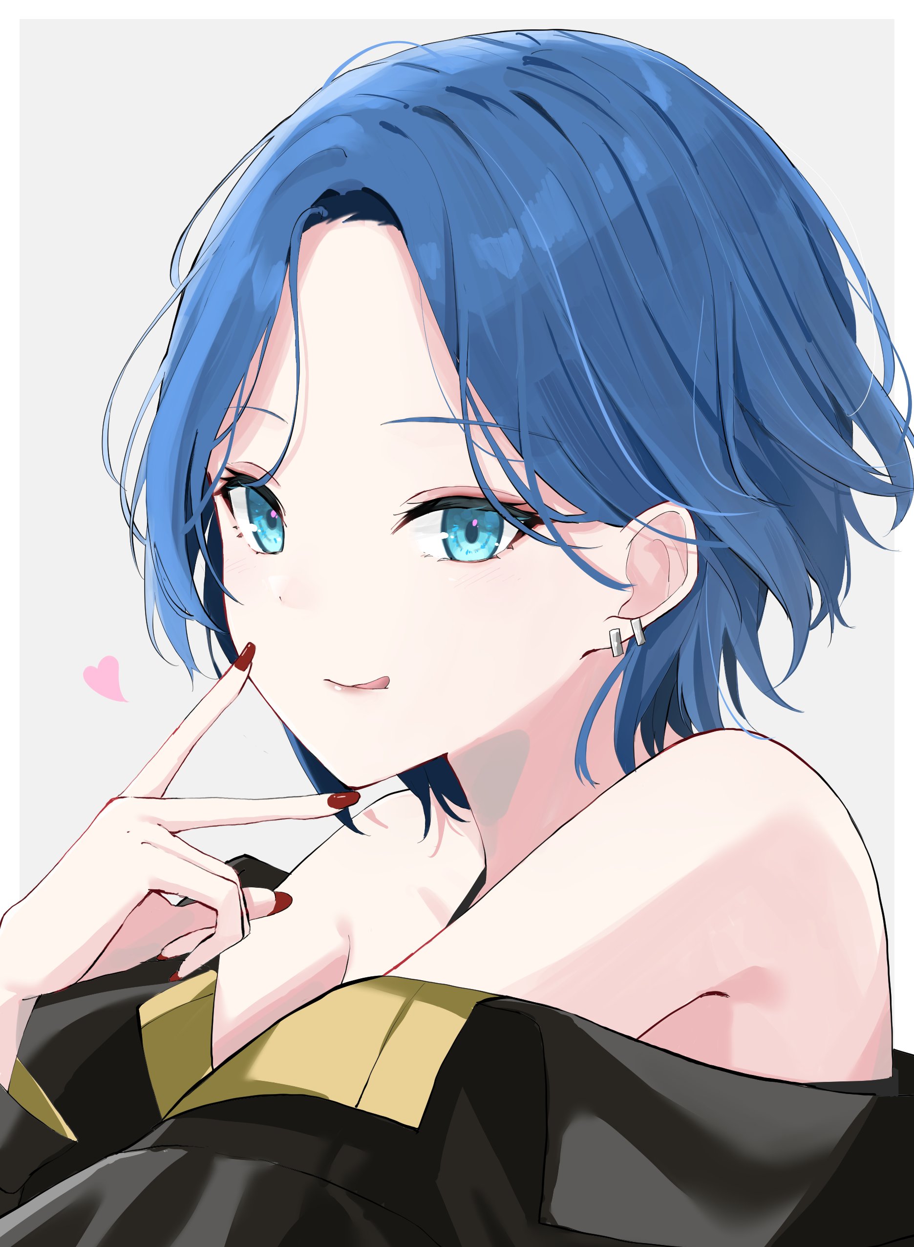 black (kbym), kiritani haruka, project sekai, absurdres, commentary, highres, symbol-only commentary, 1girl, :q, bare shoulders, black jacket, blue eyes, blue hair, closed mouth, earrings, eyeshadow, finger to cheek, from side, hair behind ear, hand up, heart, jacket, jewelry, licking lips, looking at viewer, makeup, messy hair, nail polish, off shoulder, official alternate costume, official alternate hairstyle, our golden days (project sekai), parted bangs, pink background, red eyeshadow, red nails, short hair, simple background, smile, solo, tongue, tongue out, tsurime, turning head, upper body, white background