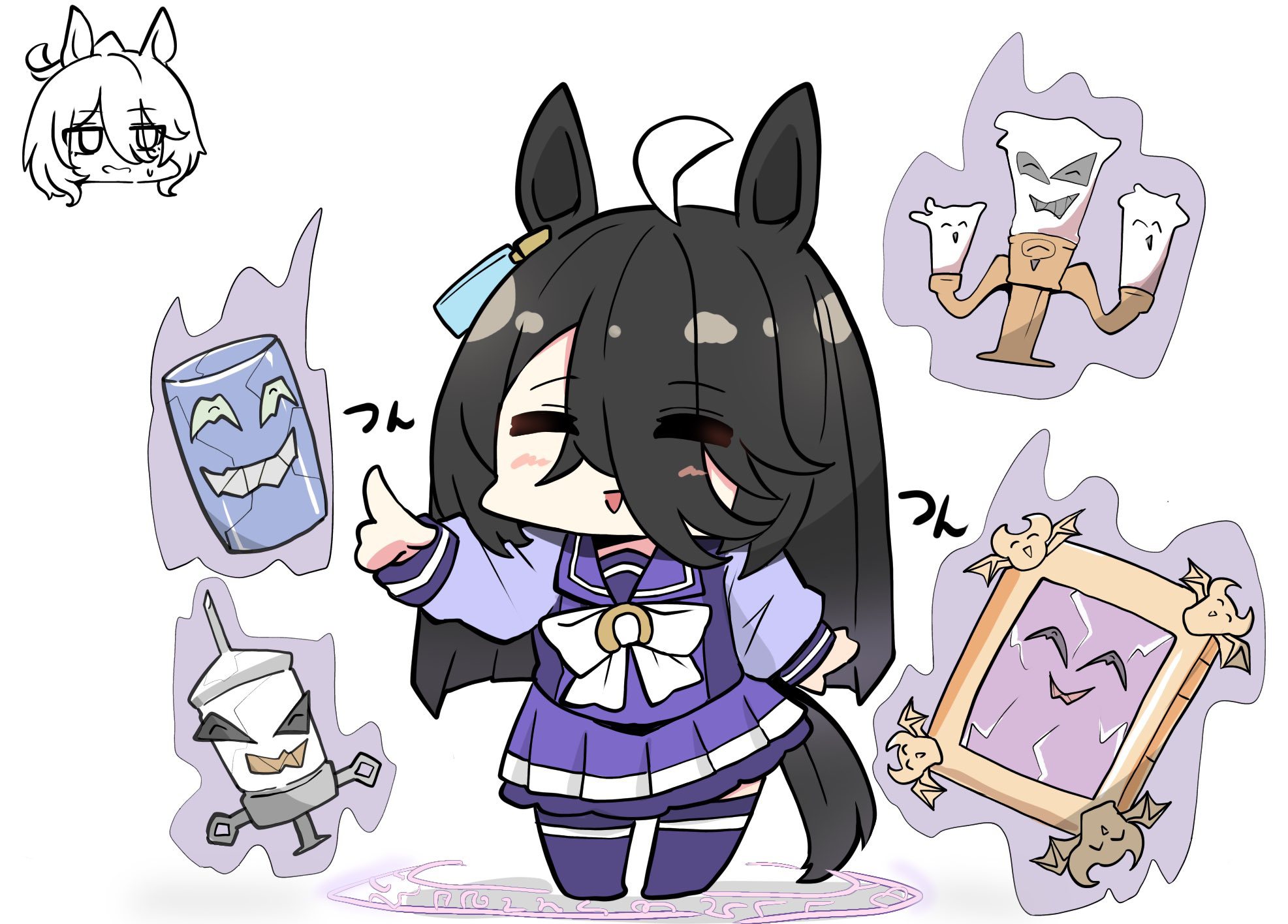 kawamochi (tddm3573), agnes tachyon (umamusume), manhattan cafe (umamusume), umamusume, highres, translation request, 2girls, :>, ahoge, animal ears, black hair, blush, bow, candlestand, chibi, hair over one eye, horse ears, horse girl, horse tail, long hair, long sleeves, magic circle, mirror, multicolored hair, multiple girls, parted lips, pleated skirt, puffy long sleeves, puffy sleeves, purple shirt, purple skirt, purple thighhighs, school uniform, shirt, simple background, skirt, smile, solo focus, standing, syringe, tail, thighhighs, tracen school uniform, triangle mouth, two-tone hair, very long hair, white background, white bow, white hair