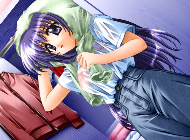 senomoto hisashi, mikage sakuya, milkyway, game cg, non-web source, 00s, 1girl, denim, dutch angle, female focus, jeans, long hair, pants, purple eyes, purple hair, see-through clothes, solo, towel, towel on head, wet