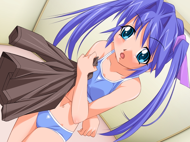yuumi kazuaki, uzuki haruka, metamoru angel nanami, game cg, non-web source, 1girl, blue bra, blue eyes, blue hair, blue panties, bra, dutch angle, embarrassed, female focus, lingerie, matching hair/eyes, panties, solo, sports bra, twintails, underwear, undressing