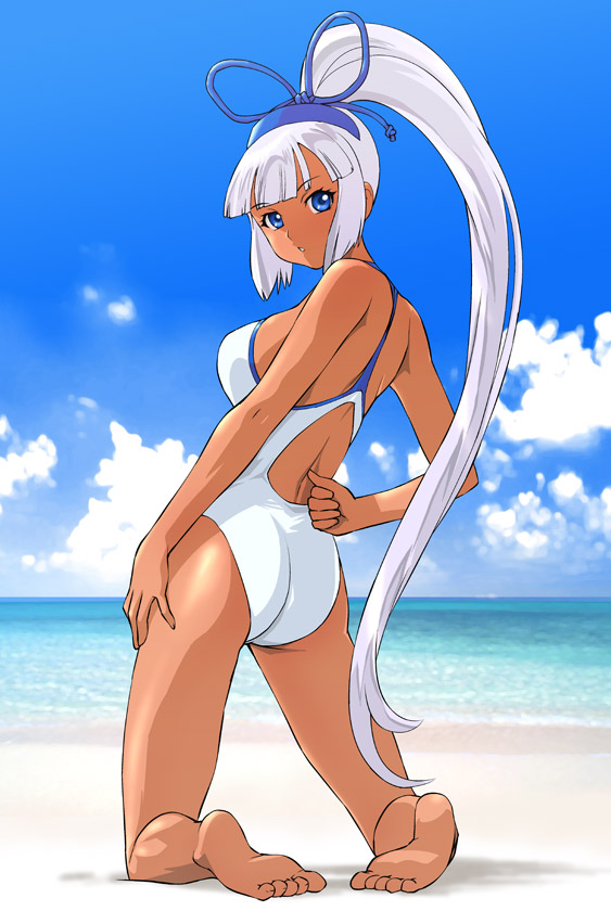 ueyama michirou, majikina mina, samurai spirits, snk, 1girl, ass, barefoot, beach, blue eyes, cloud, dark-skinned female, dark skin, day, feet, female focus, flat ass, kneeling, long hair, looking back, one-piece swimsuit, outdoors, plantar flexion, ponytail, sky, solo, swimsuit, white hair