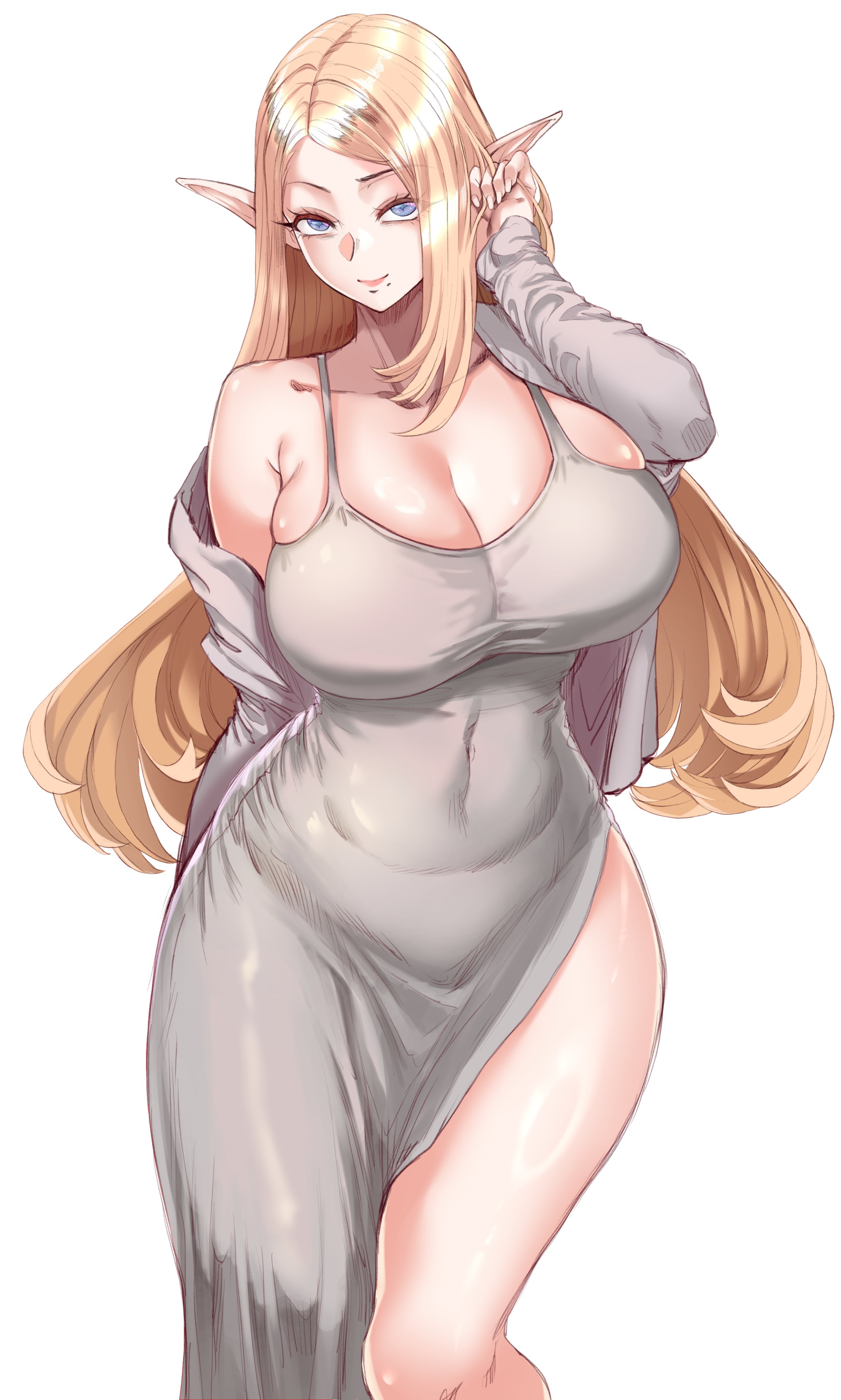 etidekailo, highres, 1girl, adjusting hair, bare shoulders, blonde hair, blue eyes, breasts, cleavage, closed mouth, collarbone, covered navel, curvy, dress, elf, grey dress, grey jacket, huge breasts, jacket, large breasts, long dress, long hair, looking at viewer, mole, mole under mouth, off shoulder, open clothes, parted bangs, pointy ears, side slit, simple background, single bare shoulder, smile, solo, standing, taut clothes, taut dress, thighs, tucking hair, white background, wide hips
