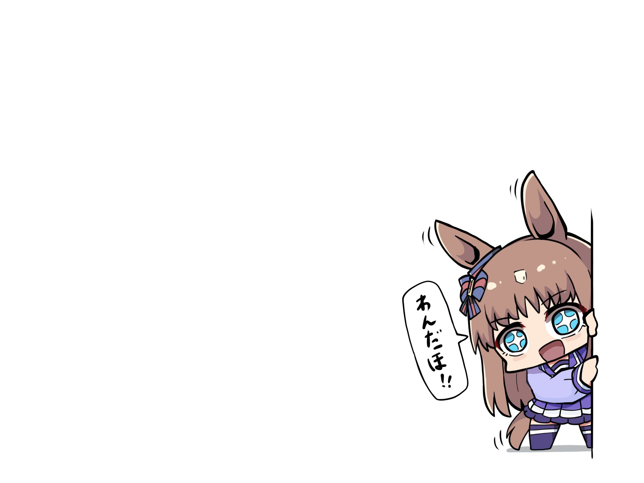 kawamochi (tddm3573), grass wonder (umamusume), umamusume, highres, translation request, + +, 1girl, :d, animal ears, blue eyes, bow, brown hair, ear bow, hands up, horse ears, horse girl, horse tail, long hair, long sleeves, motion lines, multicolored hair, open mouth, peeking out, pleated skirt, puffy long sleeves, puffy sleeves, purple shirt, purple skirt, purple thighhighs, school uniform, shirt, simple background, skirt, smile, solo, striped bow, tail, thighhighs, tracen school uniform, two-tone hair, very long hair, white background, white hair