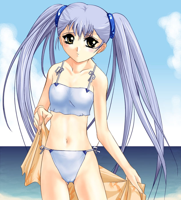 hoshino ruri, kidou senkan nadesico, non-web source, bikini, blue bikini, blue hair, day, drape, flat chest, long hair, solo, swimsuit, twintails, yellow eyes