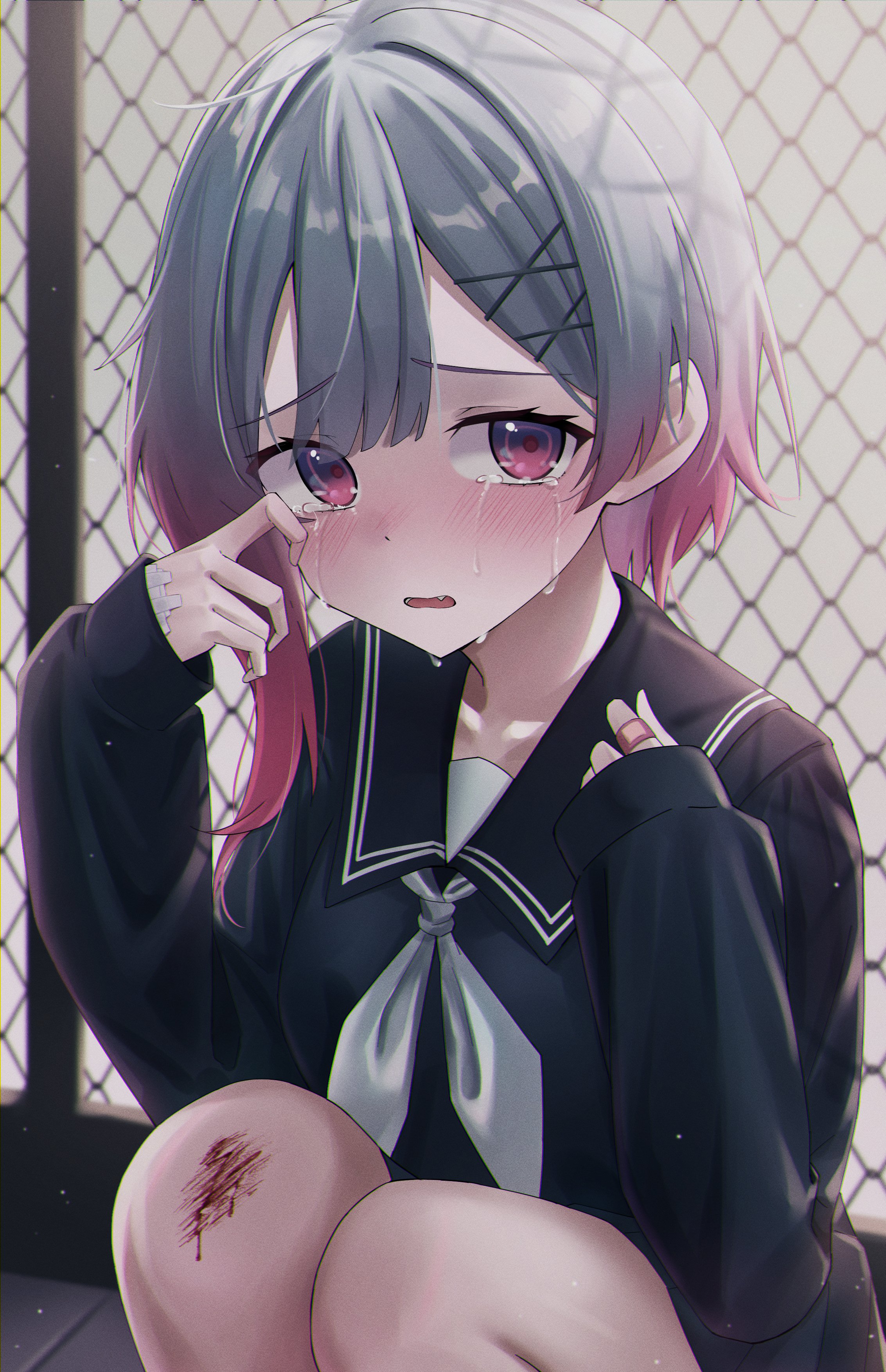 rikka006, sakuraba ema, mahou shoujo no majo saiban, absurdres, highres, 1girl, asymmetrical hair, bandaged fingers, bandages, bandaid, bandaid on hand, black sailor collar, black serafuku, blush, chain-link fence, crying, crying with eyes open, fang, fence, gradient hair, grey hair, hair ornament, long sleeves, looking at viewer, multicolored hair, neckerchief, open mouth, pink hair, sailor collar, school uniform, serafuku, shirt, sleeves past wrists, solo, tears, upper body, white neckerchief, wiping tears, x hair ornament