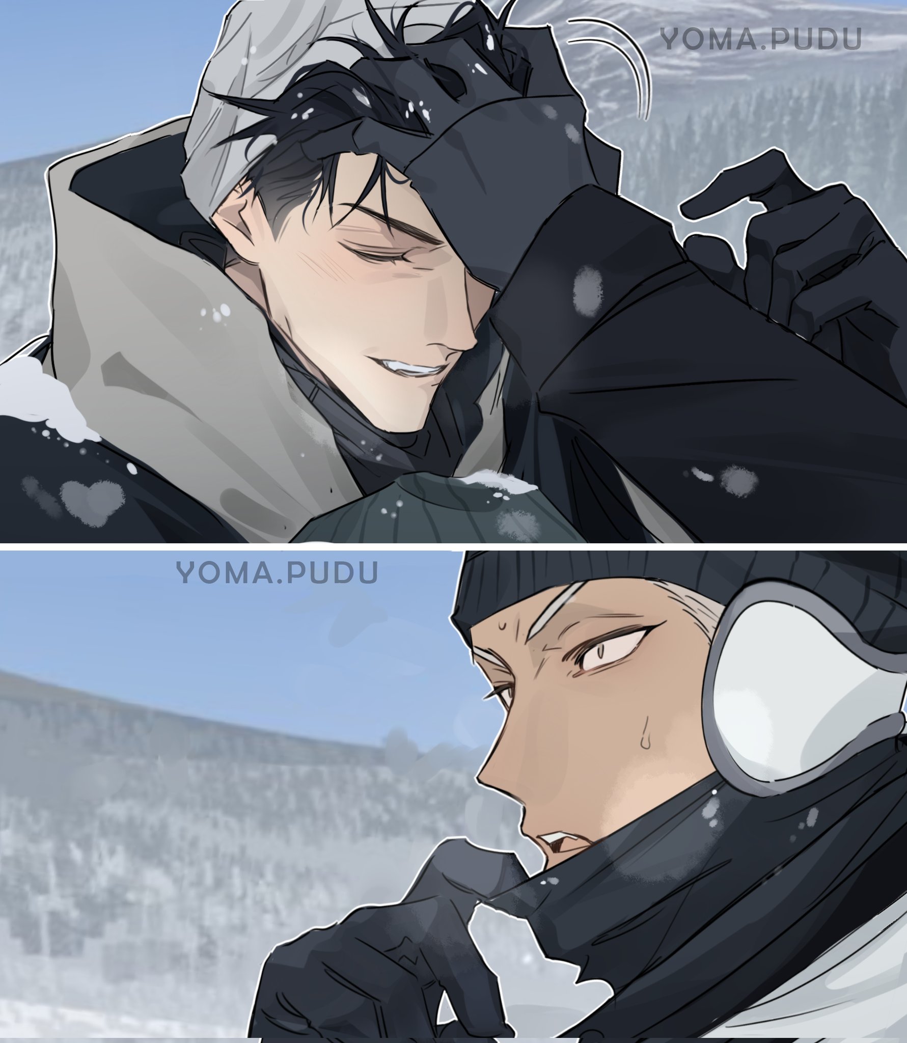 19 tian, commentary request, corrupted twitter file, highres, 2boys, artist name, black gloves, black hair, closed eyes, gloves, hand on another's head, he cheng, light blush, male focus, multiple boys, open mouth, qiu (19 tian), short hair, snow, spanish commentary, teeth, upper teeth only, white hair, winter clothes, yomapudu