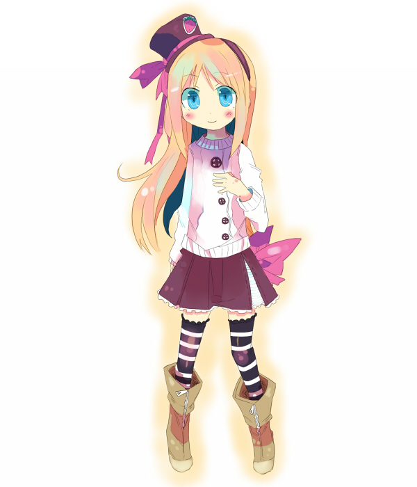 kanikama, ana coppola, ichigo mashimaro, 1girl, blonde hair, blue eyes, boots, bow, child, female focus, hat, long hair, mini hat, mini top hat, skirt, solo, striped clothes, striped thighhighs, sweater, thighhighs, top hat, zettai ryouiki