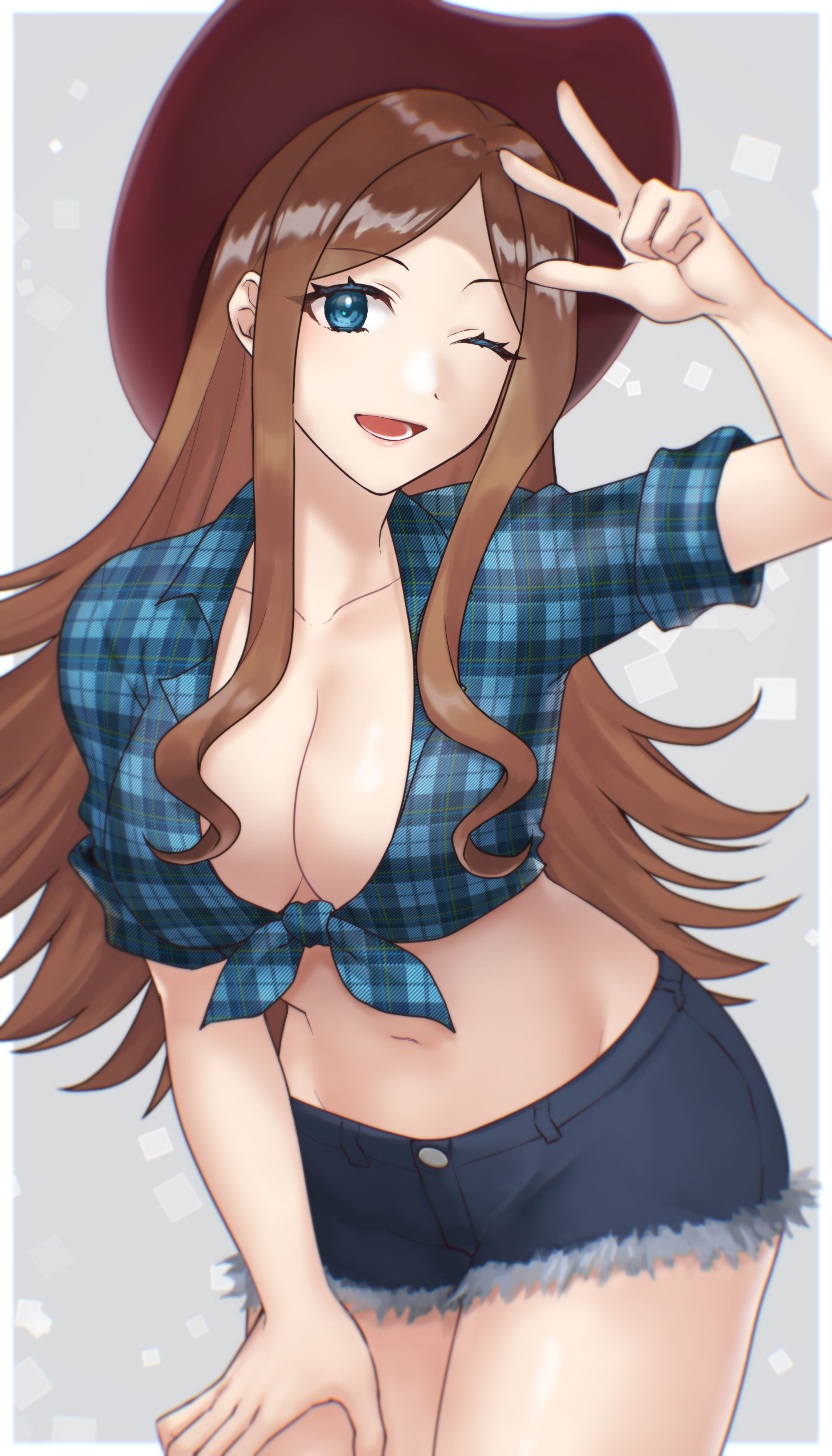 hazuki (nyorosuke), mirabel aalton, eiyuu densetsu, kuro no kiseki (series), kuro no kiseki i, absurdres, highres, 1girl, ;d, blue eyes, blue shirt, breasts, brown hair, cleavage, cowboy shot, cutoffs, denim, denim shorts, hand up, hat, large breasts, long hair, looking at viewer, midriff, navel, one eye closed, open mouth, plaid clothes, plaid shirt, shirt, short shorts, shorts, smile, solo, standing, stomach, thighs, tied shirt, very long hair, w