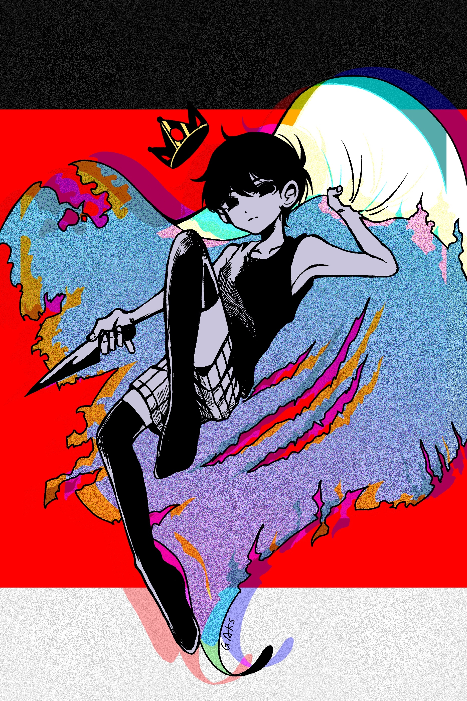 gaks030, omori (omori), omori, absurdres, highres, 1boy, antenna hair, artist name, black eyes, black hair, black socks, black tank top, closed mouth, colored skin, crown, expressionless, fingernails, full body, hair between eyes, holding, holding knife, knife, male focus, shirt, short hair, socks, solo, tank top, white skin