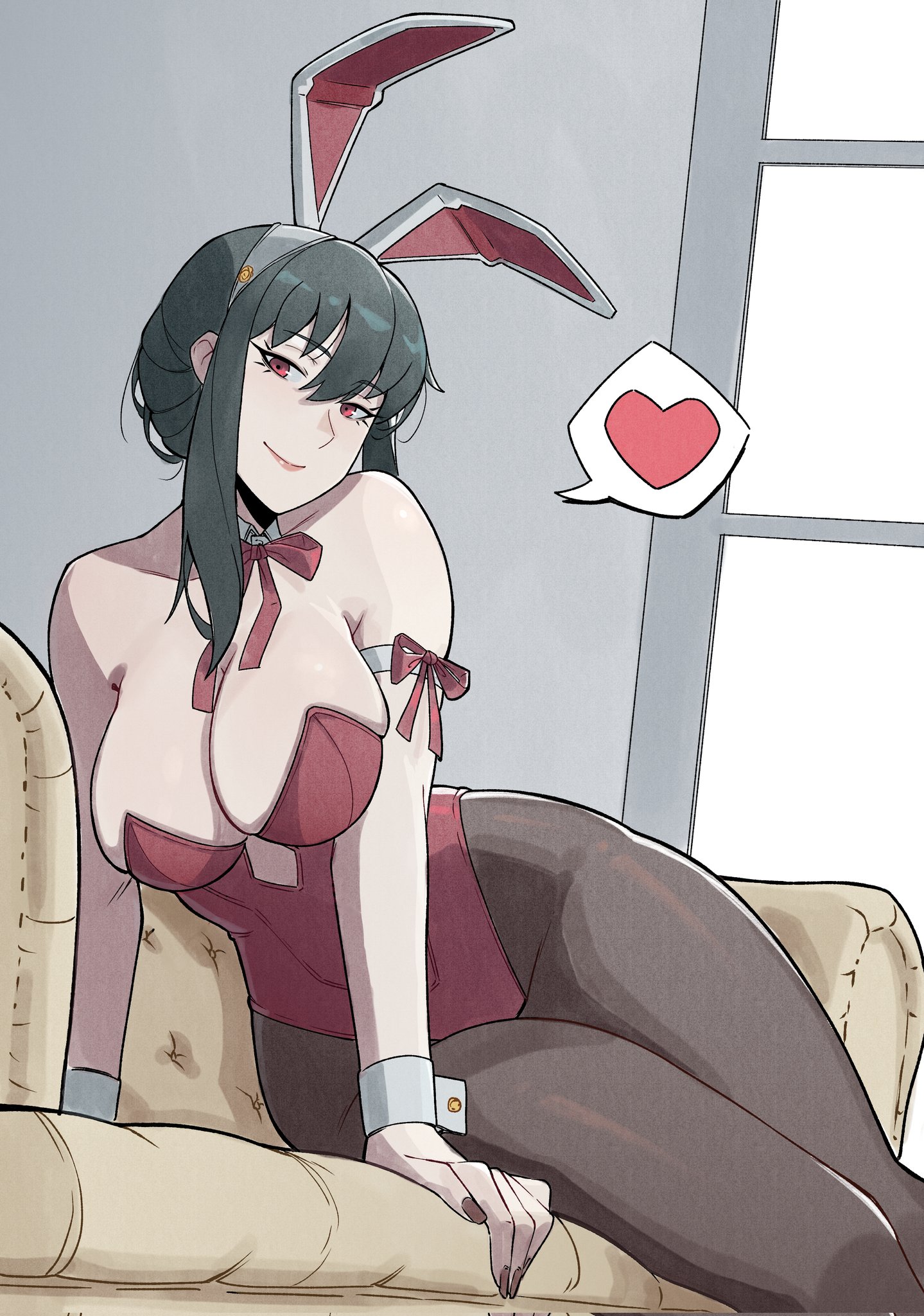aneurysm ax, yor briar, spy x family, highres, animal ear hairband, animal ears, bare shoulders, black hair, breasts, detached collar, fake animal ears, hairband, large breasts, leotard, lips, long hair, looking at viewer, pantyhose, playboy bunny, rabbit ear hairband, rabbit ears, red eyes, red leotard, sidelocks, smile, solo, strapless, strapless leotard, white wrist cuffs, wrist cuffs