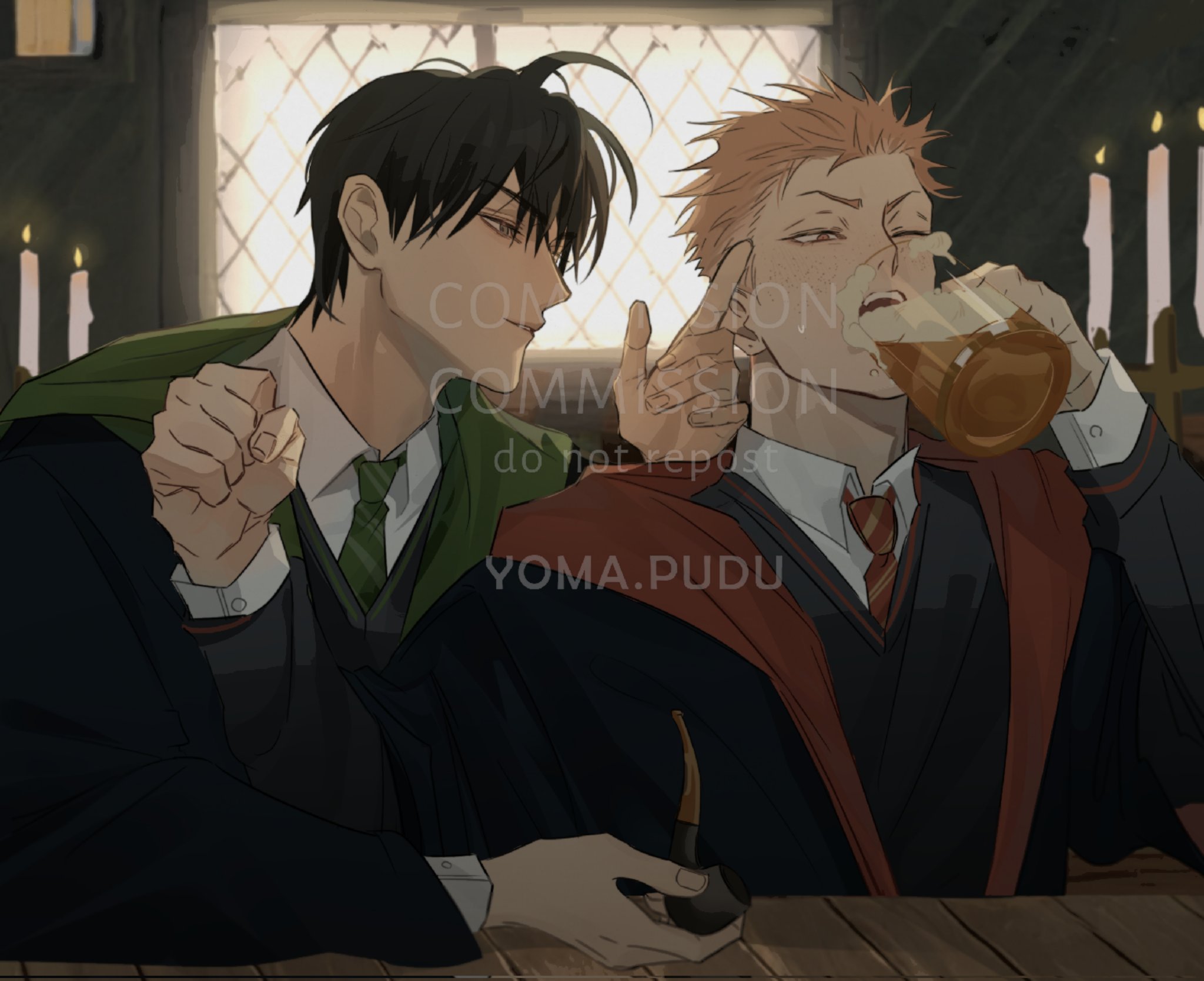 he tian, mo guan shan, 19 tian, commission, hashtag-only commentary, highres, 2boys, adam's apple, alternate costume, artist name, beer mug, black hair, candle, collared shirt, cup, diagonal-striped clothes, diagonal-striped necktie, freckles, green necktie, long sleeves, looking at another, male focus, mug, multiple boys, necktie, one eye closed, shirt, short hair, striped clothes, yomapudu