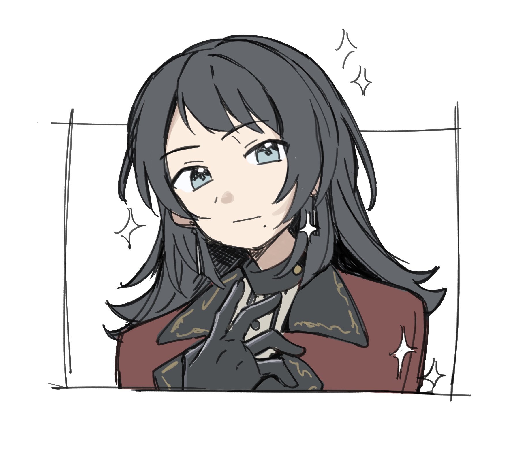 jenjen, timoris (bang dream!), yahata umiri, bang dream!, bang dream! it's mygo!!!!!, highres, 1girl, black gloves, black hair, blue eyes, capelet, closed mouth, earrings, gloves, jewelry, medium hair, mole, mole under mouth, red capelet, solo, sparkle, upper body, white background