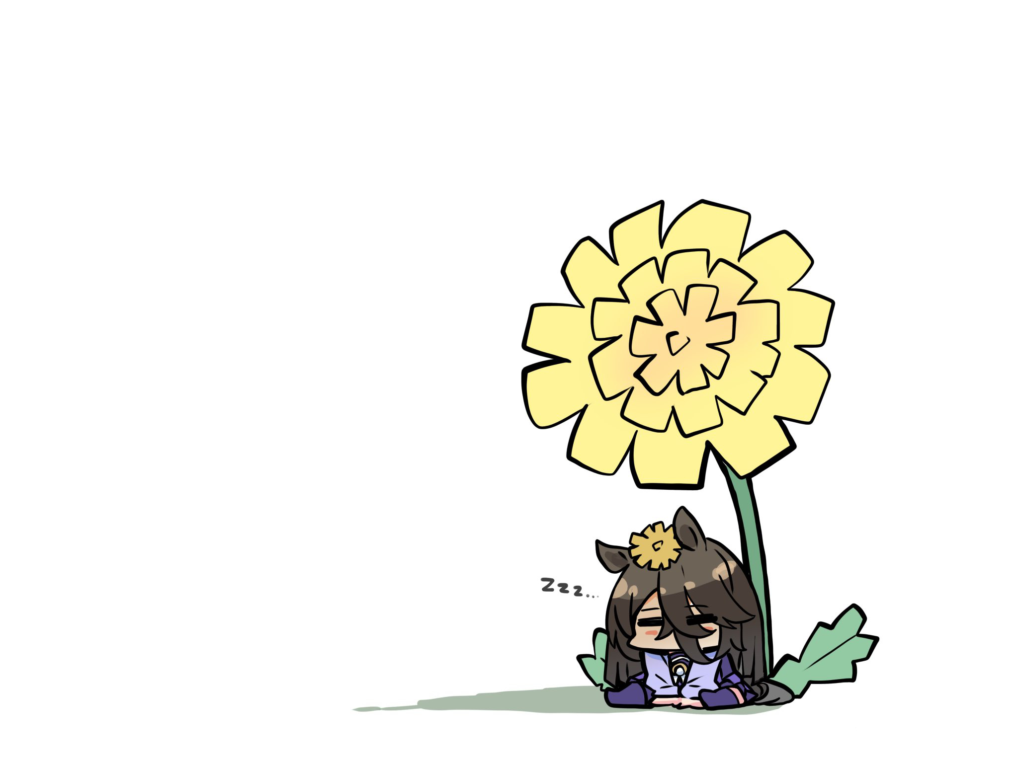 kawamochi (tddm3573), manhattan cafe (umamusume), umamusume, highres, 1girl, animal ears, black hair, chibi, closed eyes, facing viewer, flower, hair between eyes, hair flower, hair ornament, horse ears, horse girl, horse tail, long hair, mini person, minigirl, no shoes, pleated skirt, purple shirt, purple skirt, purple thighhighs, school uniform, shadow, shirt, simple background, sitting, skirt, sleeping, solo, tail, thighhighs, tracen school uniform, very long hair, white background, yellow flower, zzz