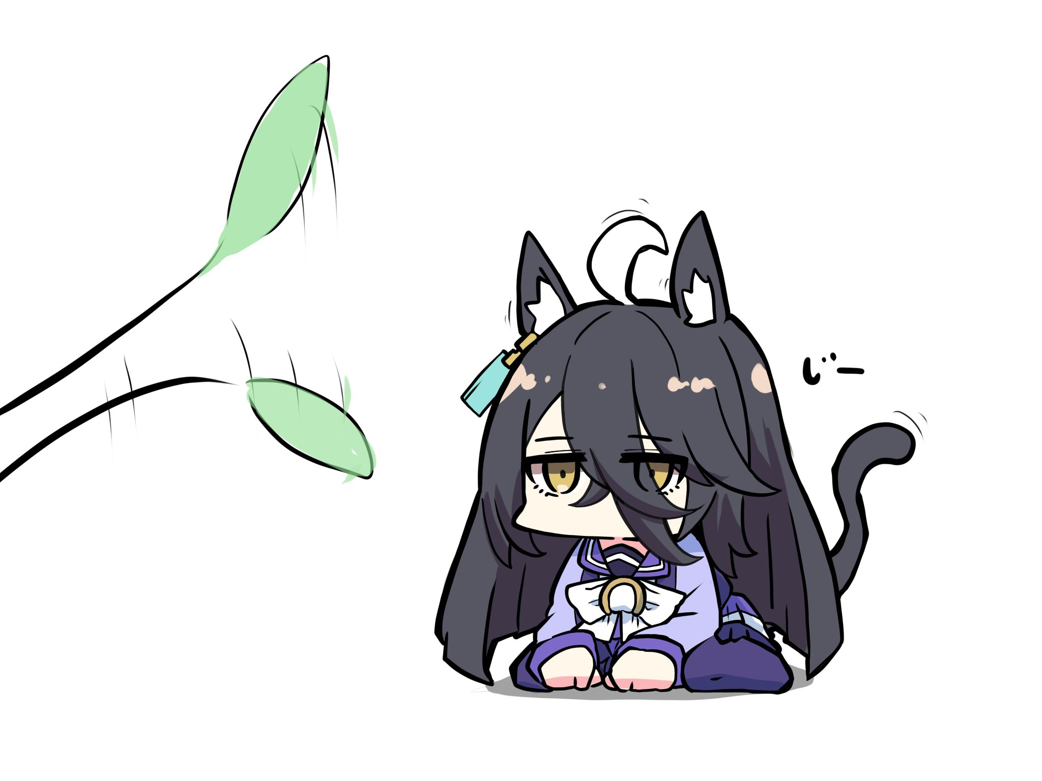kawamochi (tddm3573), manhattan cafe (umamusume), umamusume, highres, translation request, afterimage, ahoge, animal ears, between legs, black hair, bow, brown eyes, cat ears, cat girl, cat tail, cat teaser, chibi, eyes visible through hair, hair over one eye, hand between legs, kemonomimi mode, long hair, long sleeves, motion lines, multicolored hair, no shoes, pantyhose, pleated skirt, purple pantyhose, purple shirt, purple skirt, school uniform, shirt, simple background, skirt, tail, tracen school uniform, two-tone hair, very long hair, white background, white bow, white hair