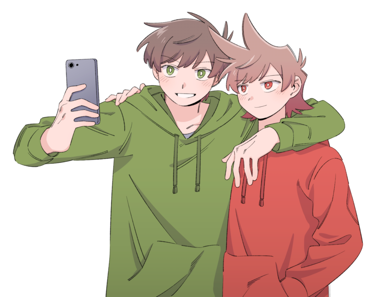 mjsc 10, edd (eddsworld), eddsworld, commentary request, 2boys, :d, alternate eye color, antenna hair, arm around neck, bright pupils, brown hair, closed mouth, collarbone, double-parted bangs, drawstring, green eyes, green hoodie, grey shirt, grin, hair between eyes, hair horns, hand in pocket, hand on another's shoulder, holding, holding phone, hood, hood down, hoodie, long sleeves, looking at phone, male focus, multiple boys, open mouth, phone, pocket, puffy long sleeves, puffy sleeves, red eyes, red hoodie, selfie, shirt, short hair, simple background, smile, swept bangs, tord (eddsworld), upper body, v-shaped eyebrows, very short hair, white background, white pupils