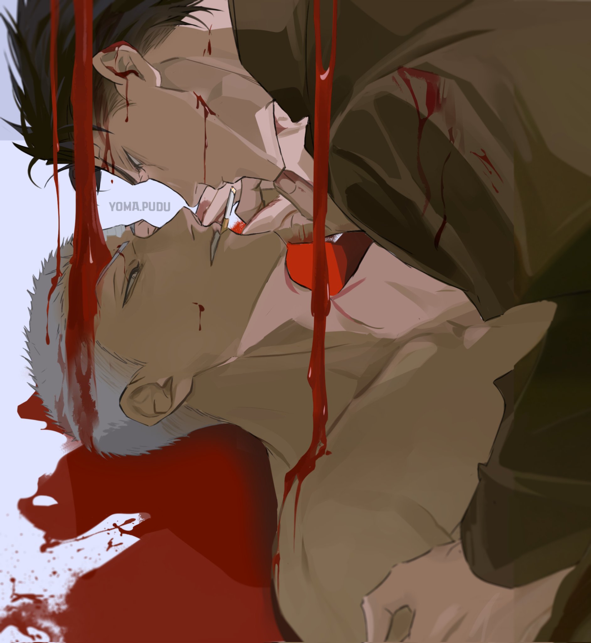19 tian, commentary request, corrupted twitter file, highres, 2boys, artist name, black hair, black shirt, cigarette, collarbone, collared shirt, he cheng, lying, male focus, multiple boys, nude, on back, qiu (19 tian), shirt, short hair, spanish commentary, teeth, very short hair, white hair, yomapudu