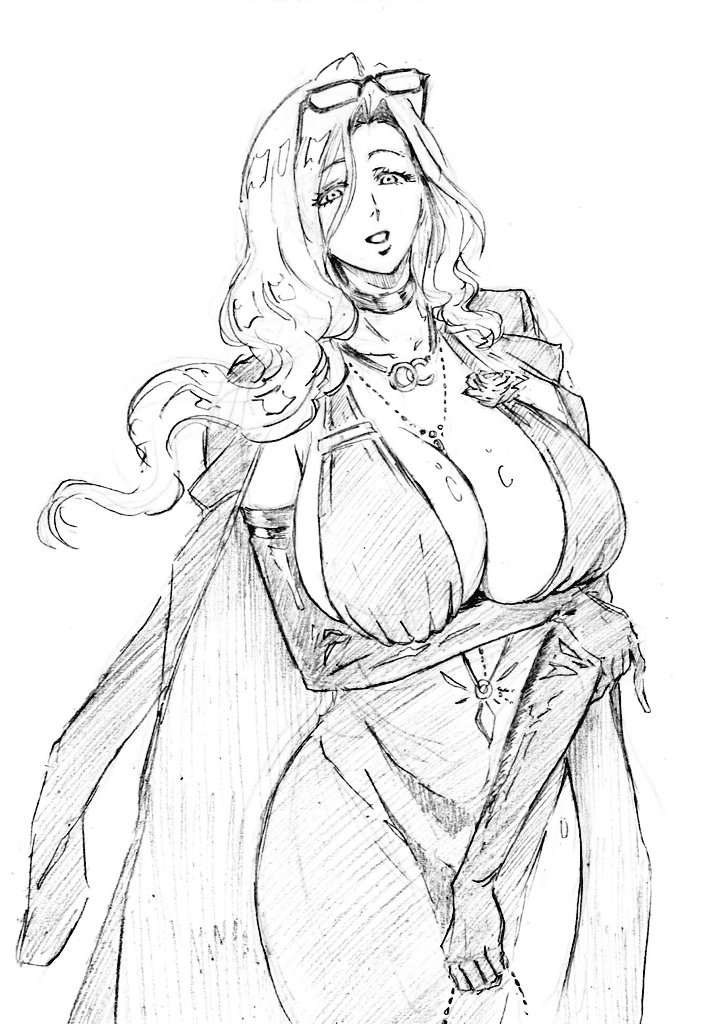 rakusakugk, dp-12 (girls' frontline), helen (girls' frontline 2), girls' frontline, girls' frontline 2: exilium, graphite (medium), traditional media, 1girl, alternate costume, arm under breasts, backless dress, backless outfit, breasts, choker, cleavage, coat, coat on shoulders, dress, elbow gloves, eyewear on head, gloves, greyscale, hair between eyes, helen (starlit waltz) (girls' frontline 2), holding own arm, jewelry, large breasts, long hair, looking at viewer, monochrome, necklace, official alternate costume, parted bangs, plunging neckline, simple background, sketch, solo, white background